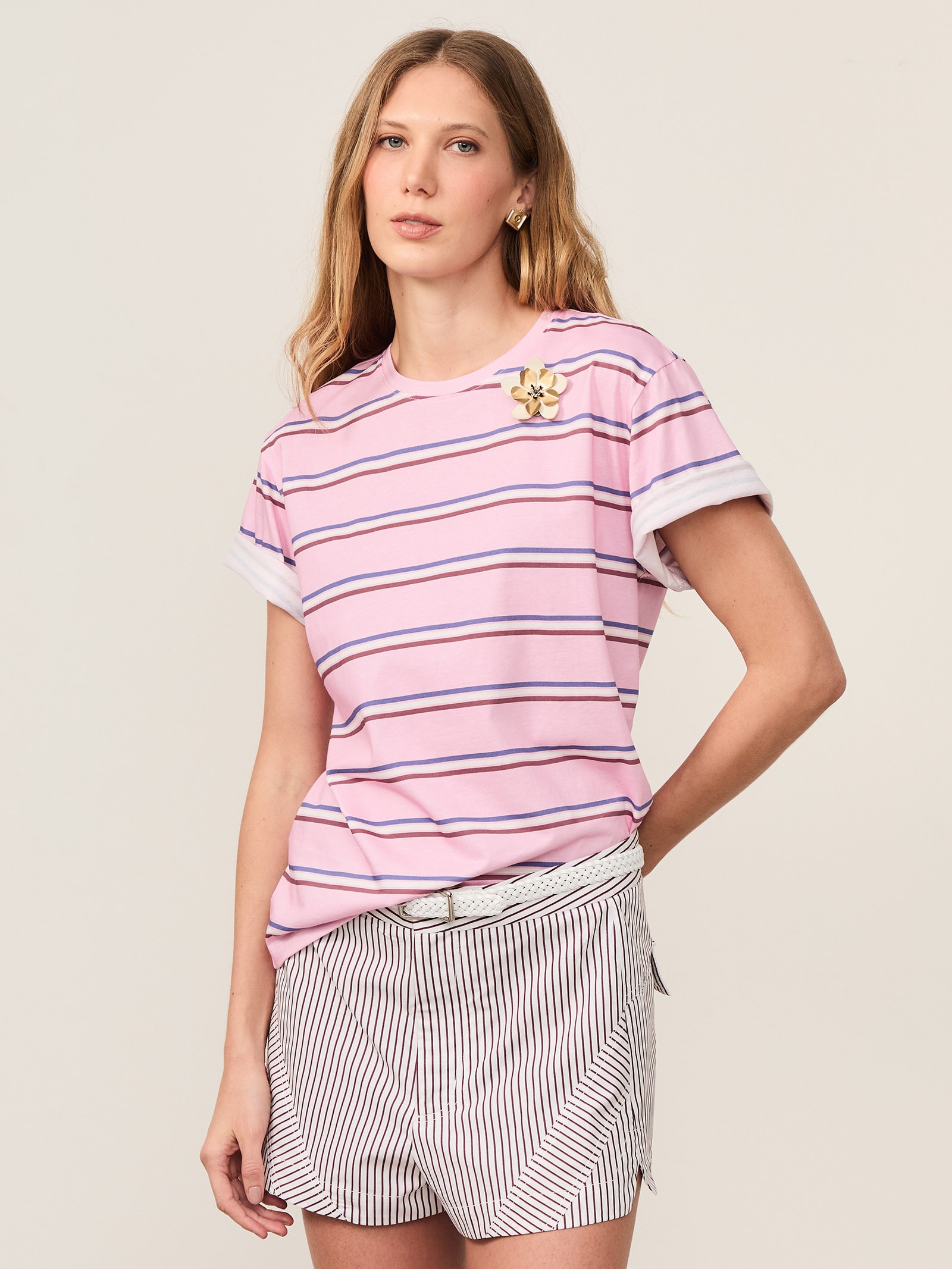 Camiseta Feminina Malha Fio Tinto Rosa Animale