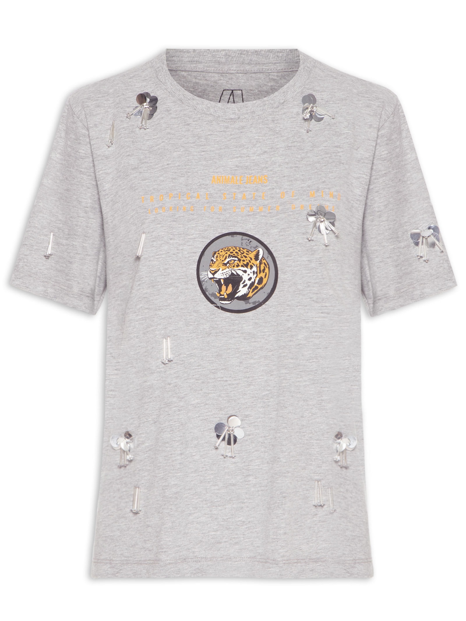 Camiseta Feminina Malha Leopard Bordados Cinza Animale Jeans