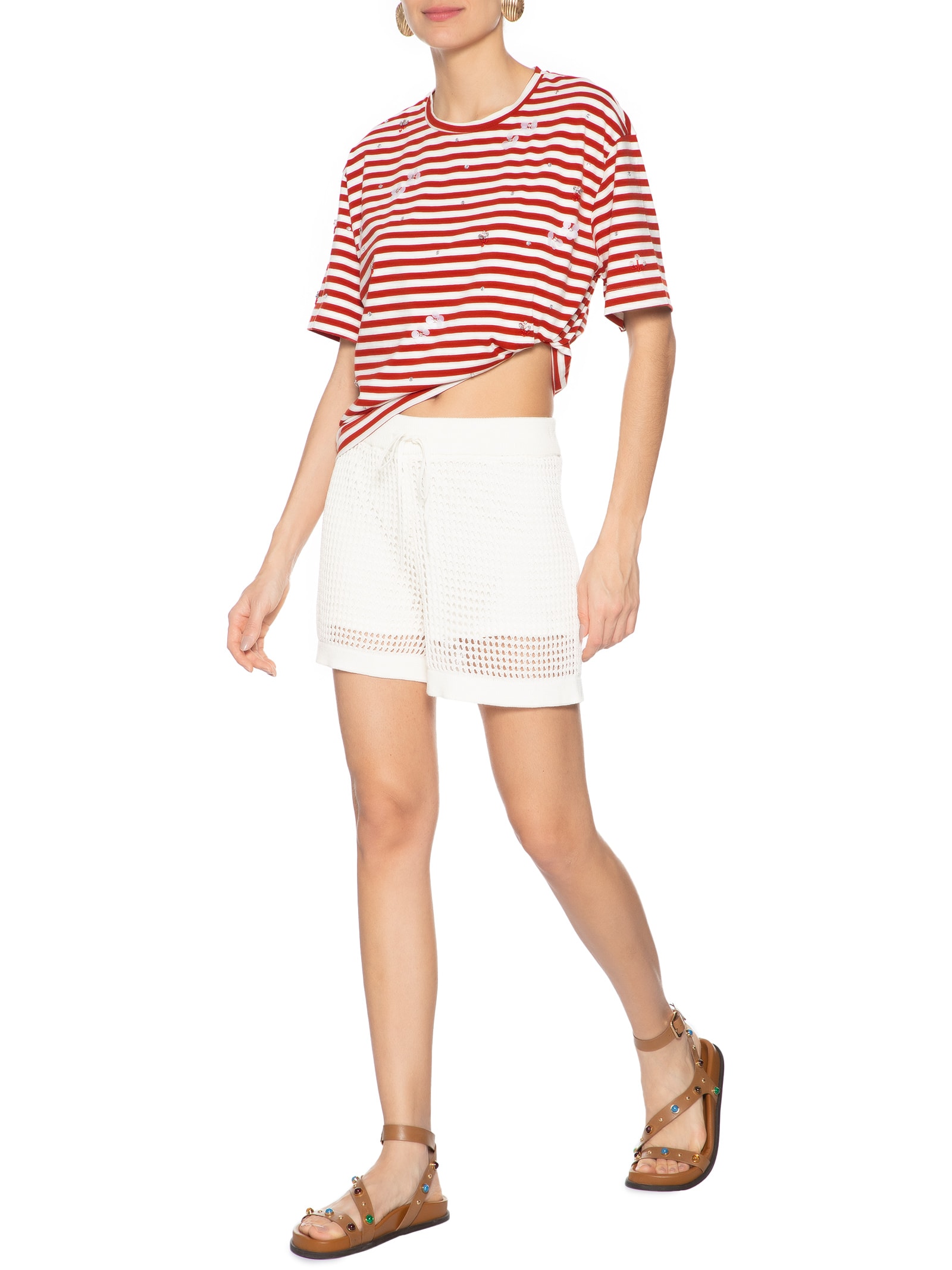 Camiseta Feminina Malha Listrada Bordados Vermelho Animale Jeans