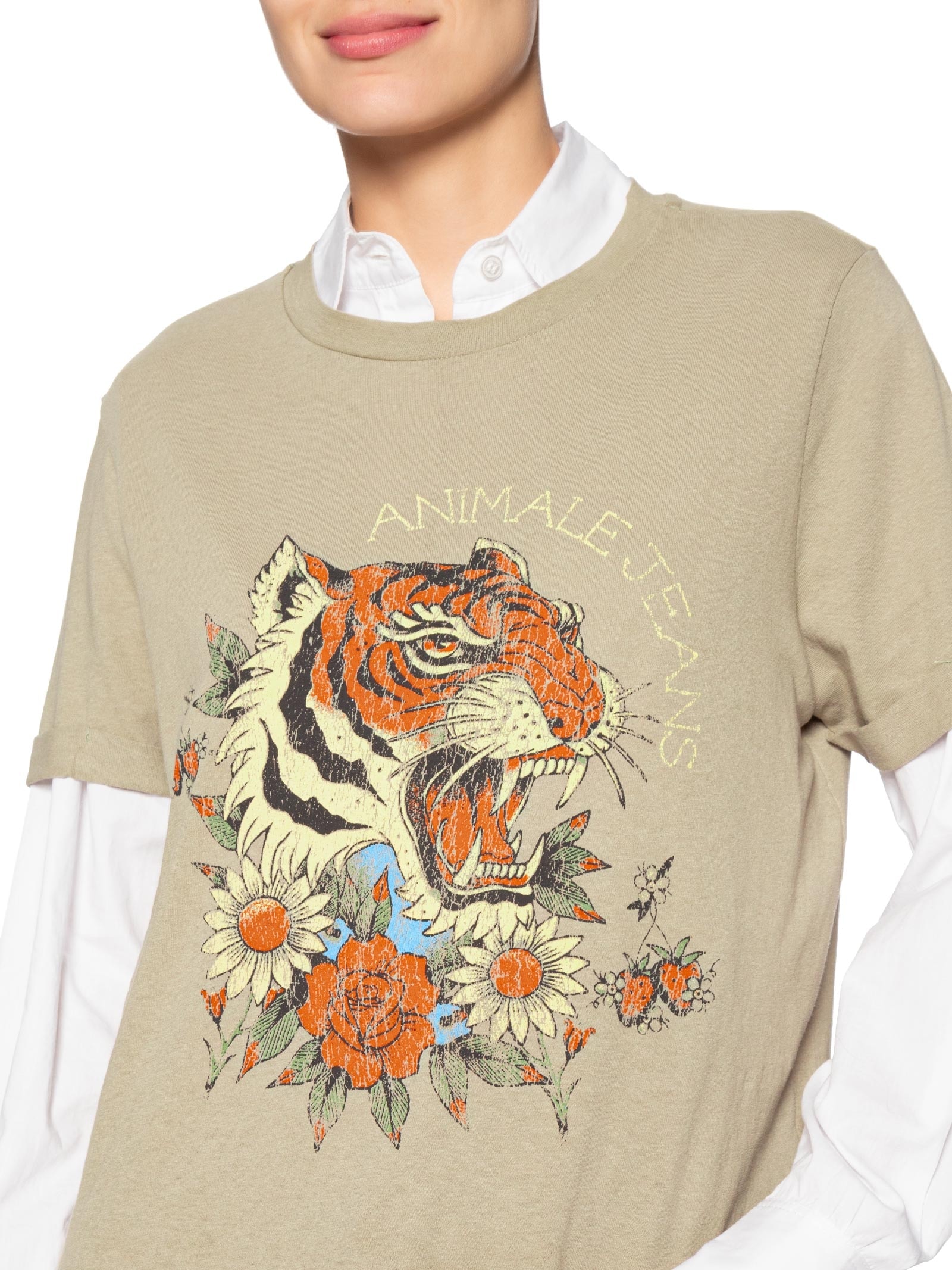 Camiseta Feminina Malha Tiger And Flowers Cinza Animale Jeans