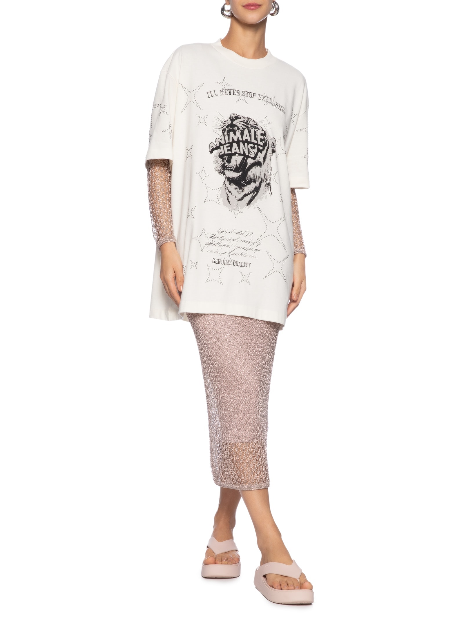 Camiseta Feminina Malha Tigre Brilho Over Branco  Animale Jeans