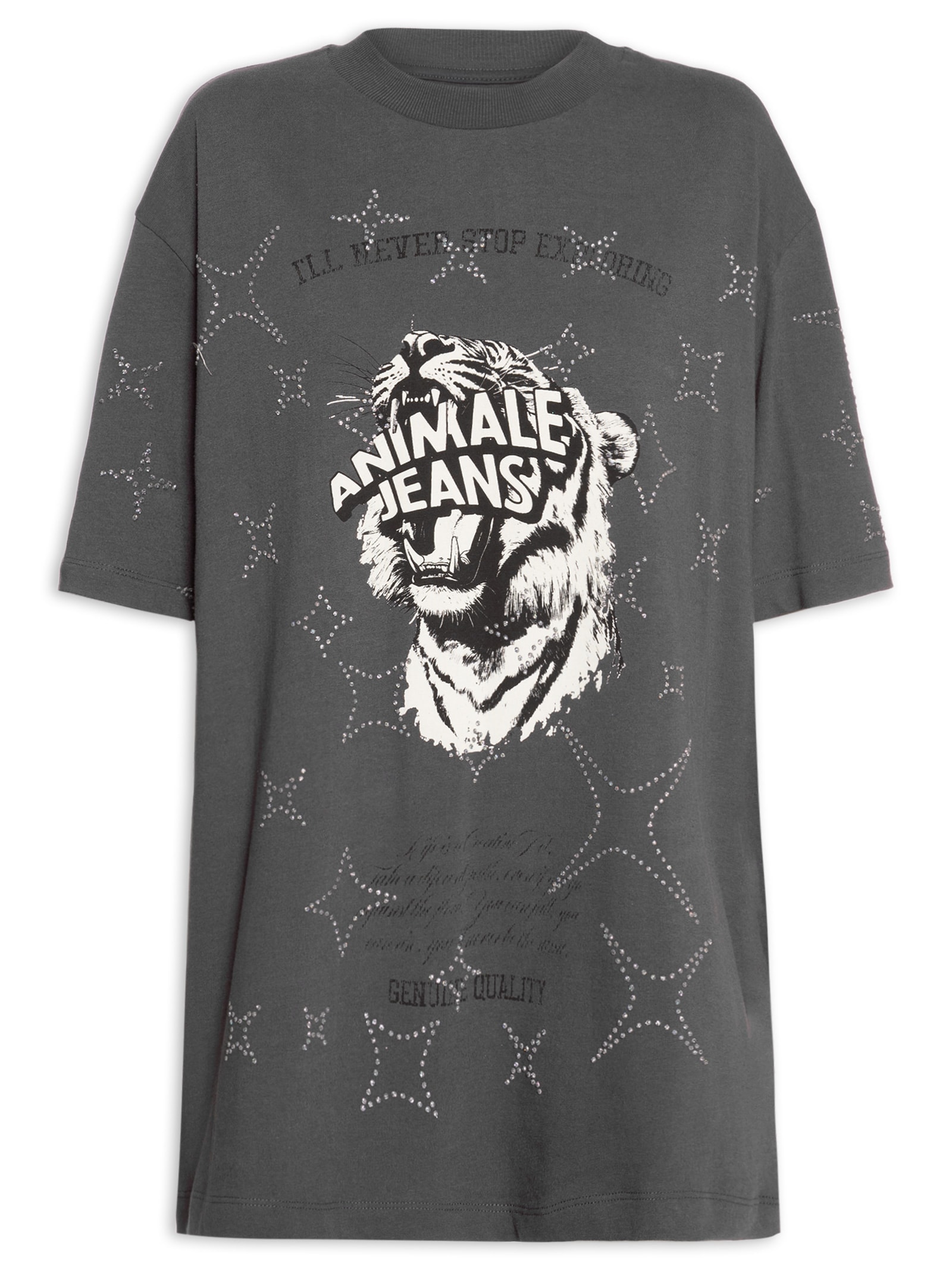 Camiseta Feminina Malha Tigre Brilho Over Preto Animale Jeans