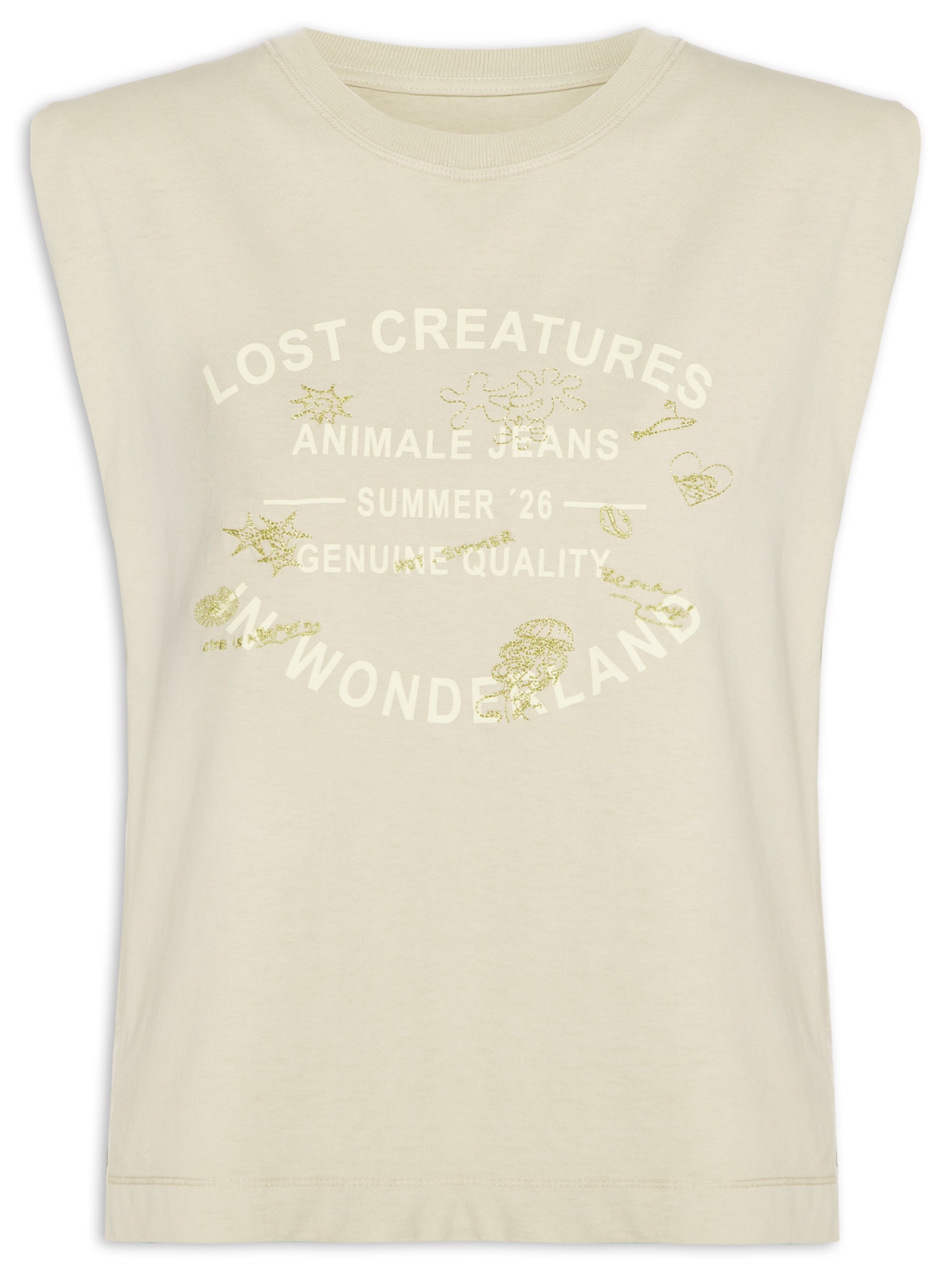 Camiseta Feminina Malha Wonderland Creatures Bege Animale Jeans