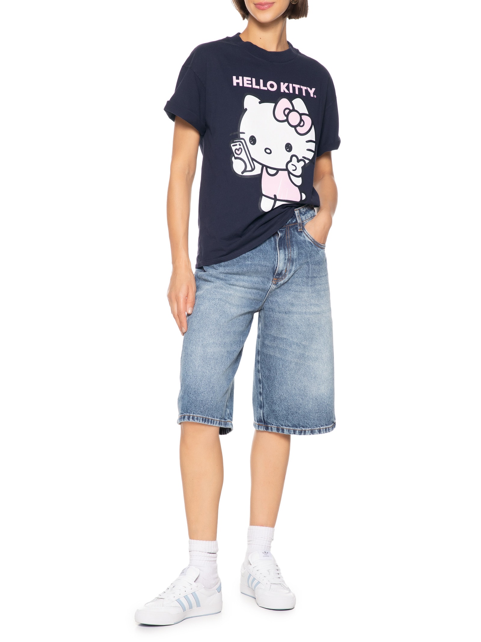 Camiseta Feminina Manga Curta Azul My Favorite Things + Hello Kitty