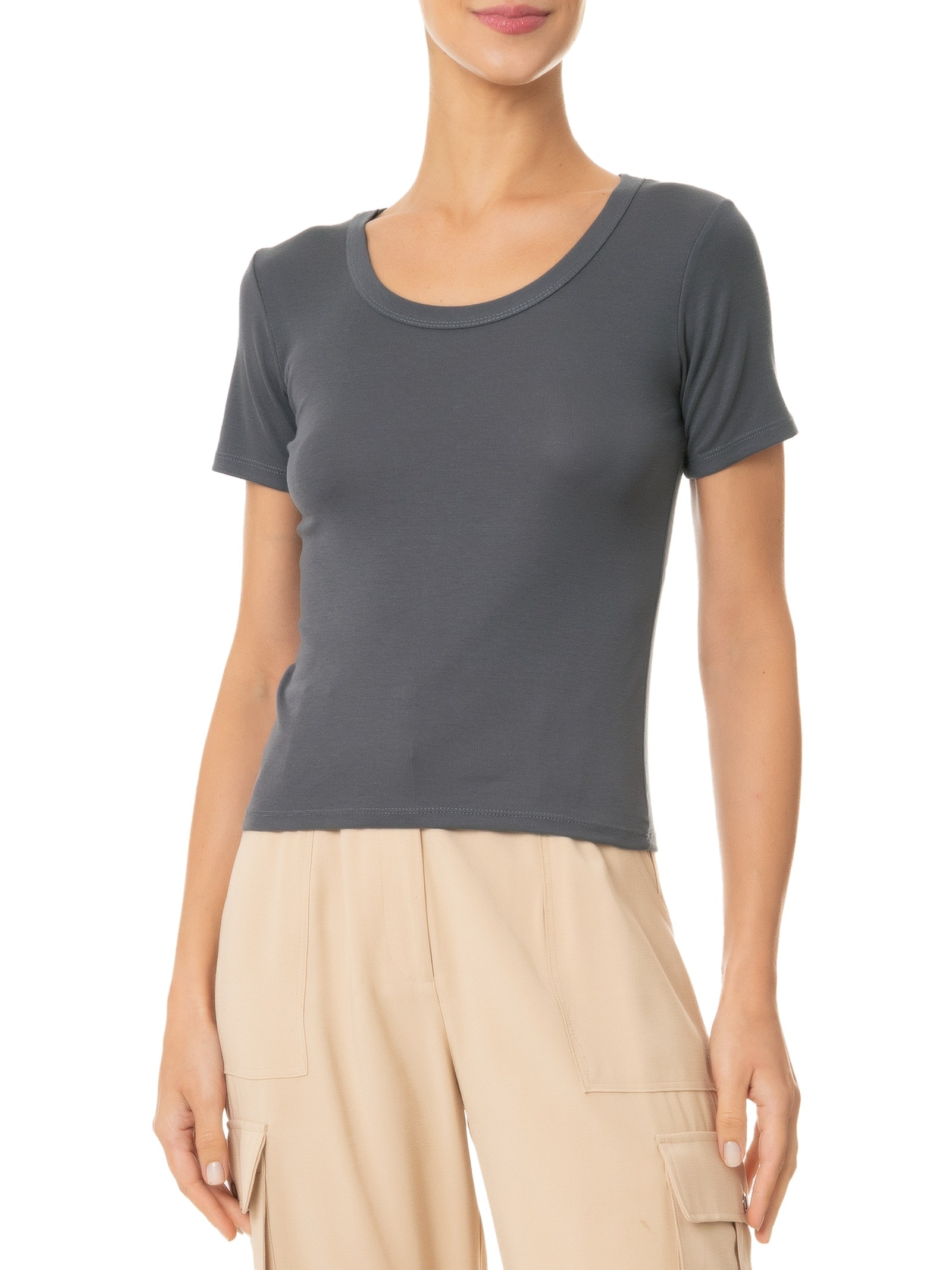 Camiseta Feminina Manga Curta Cinza Basiq