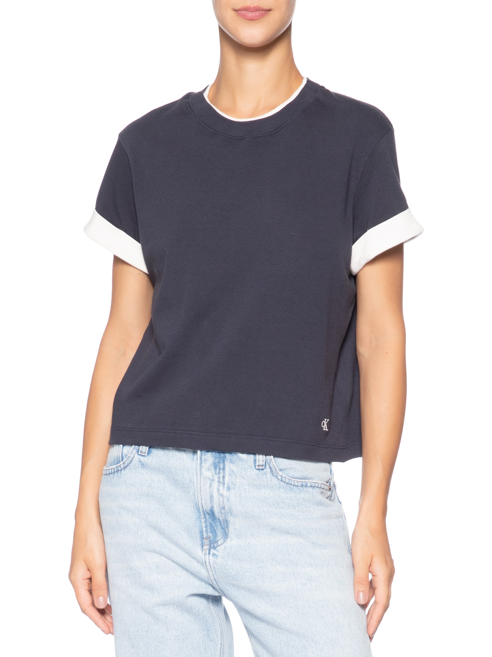 Camiseta Feminina Manga Curta Gola Dupla Azul Calvin Klein Jeans