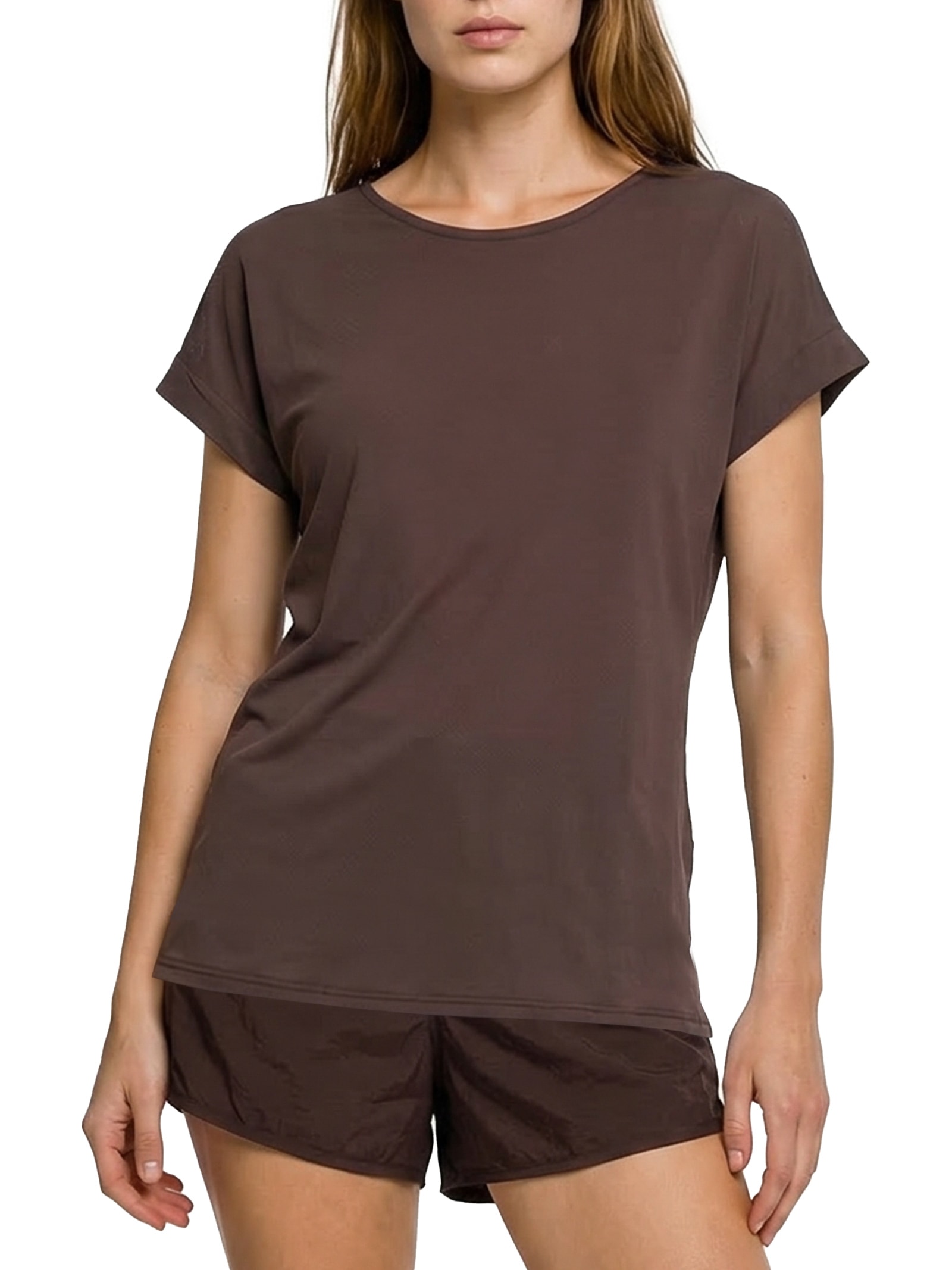 Camiseta Feminina Manga Curta Lisa Marrom Body For Sure