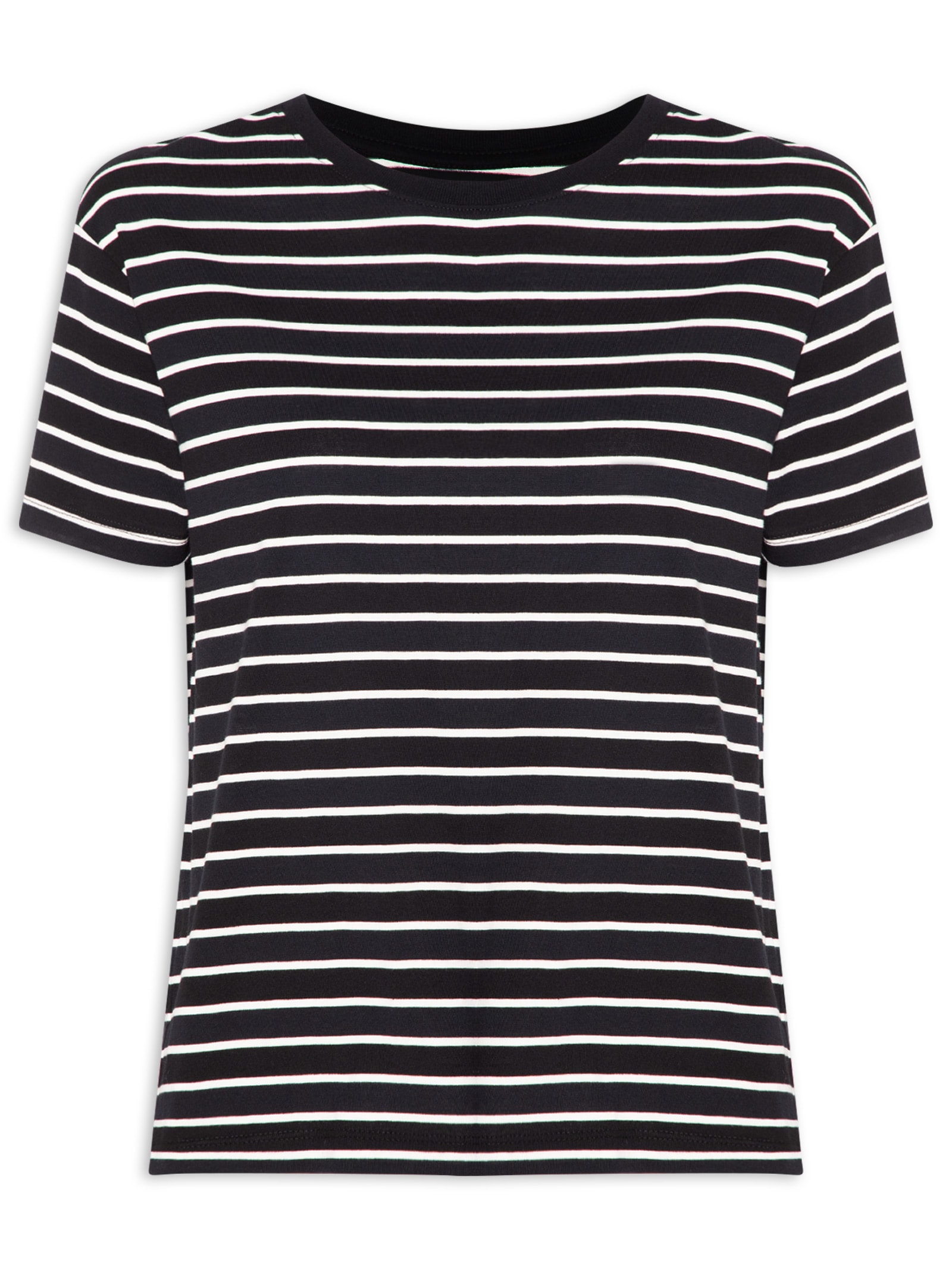 Camiseta Feminina Manga Curta Listras Preto Maria Filó