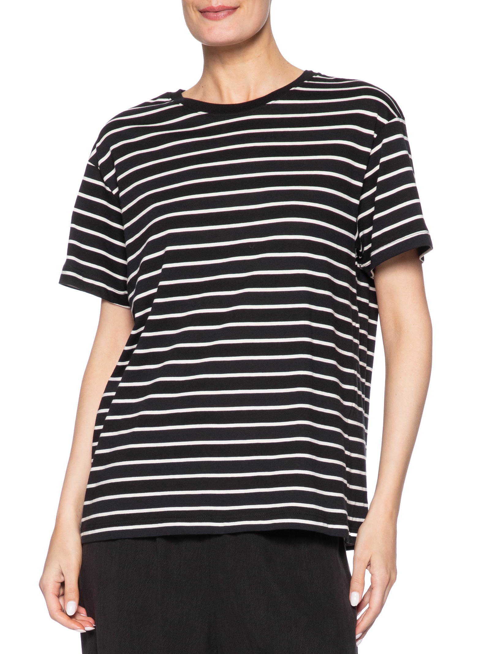 Camiseta Feminina Manga Curta Listras Preto Maria Filó