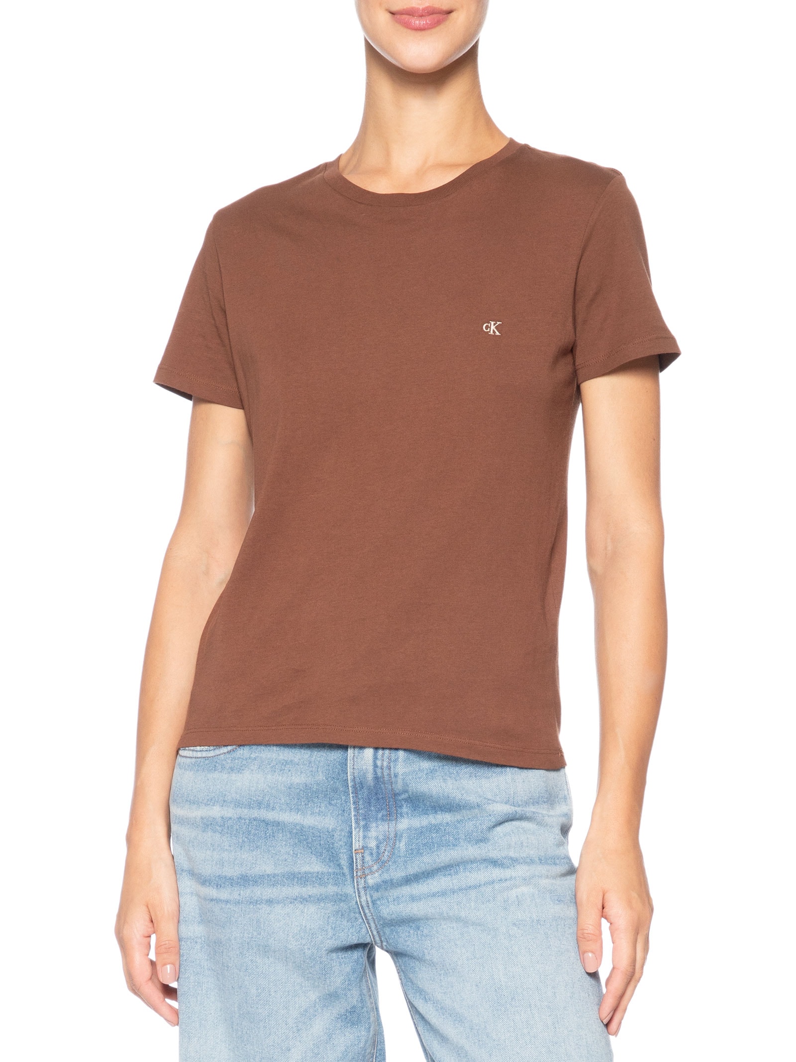 Camiseta Feminina Manga Curta Logo Bordado Marrom Calvin Klein Jeans