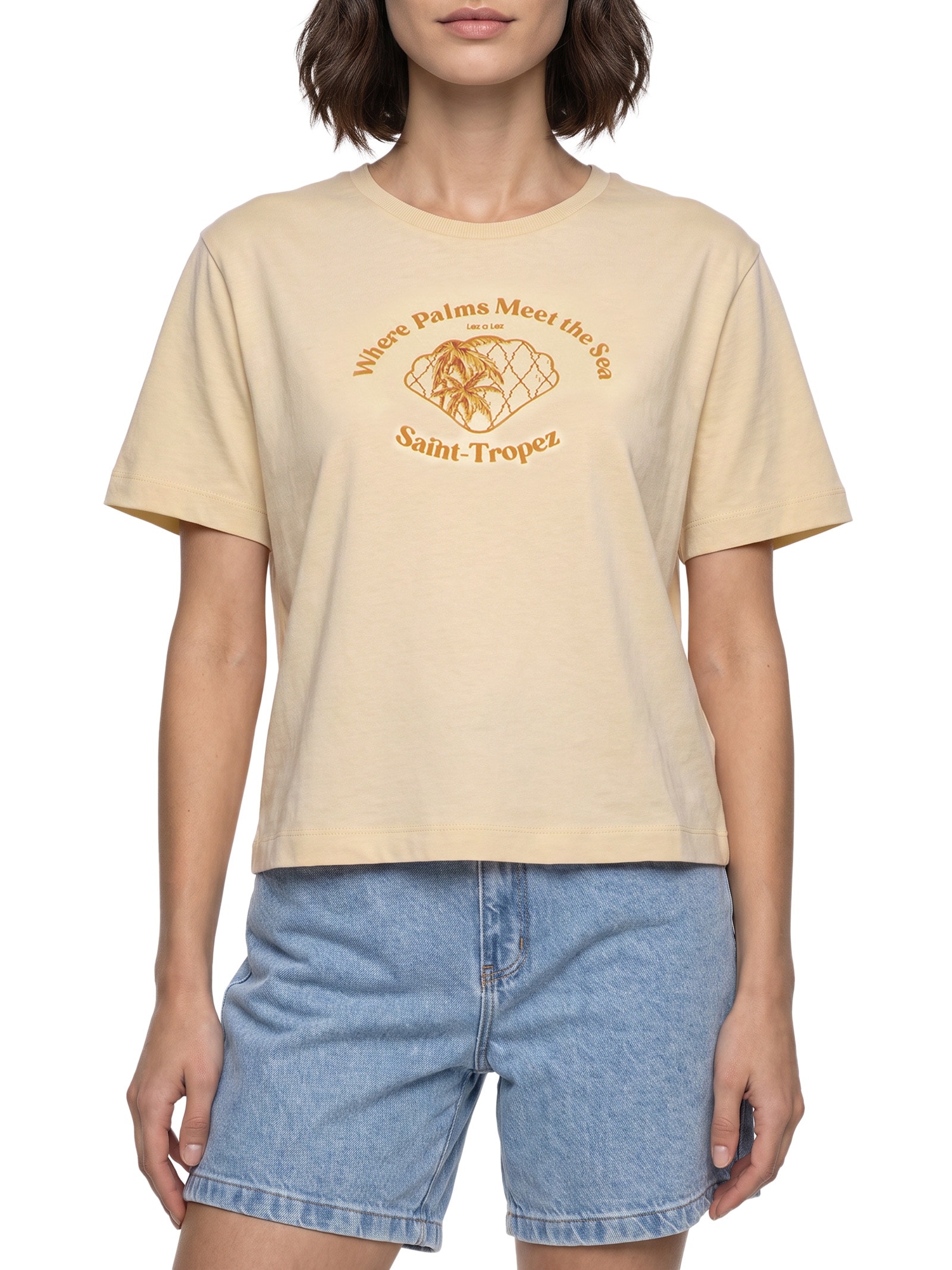 Camiseta Feminina Manga Curta Malha Penteada Bege Lez A Lez
