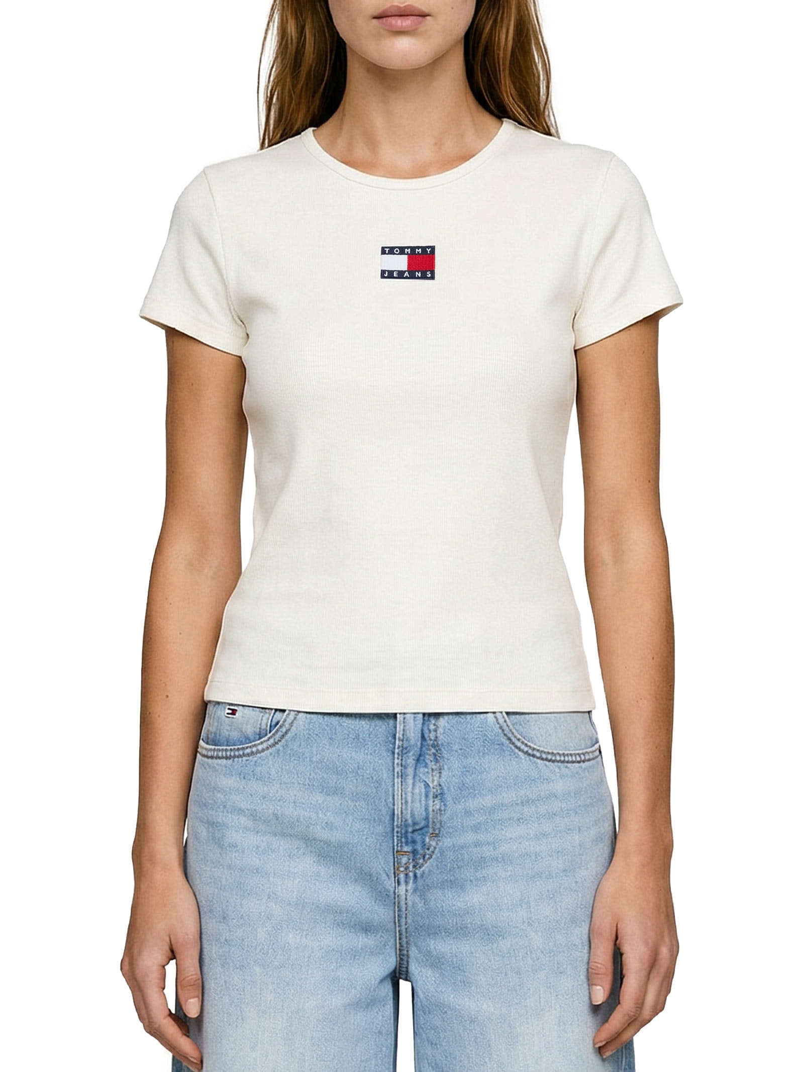 Camiseta Feminina Manga Curta Slim Badge Rib Tee Off White Tommy Jeans
