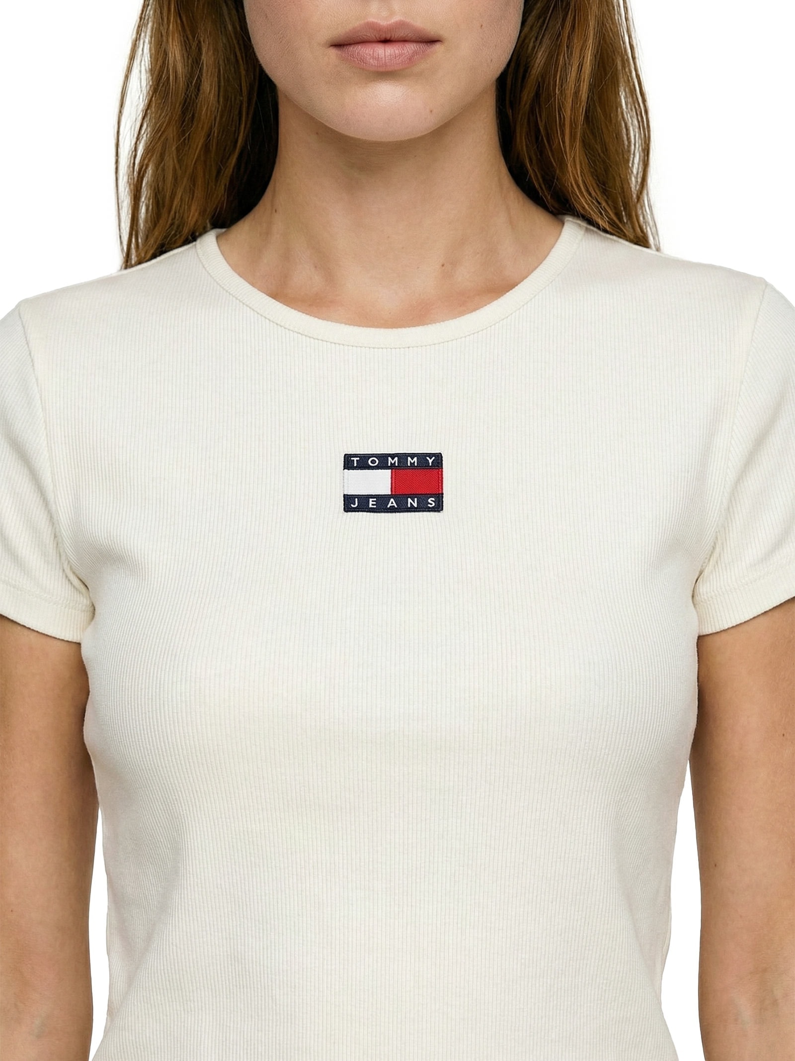 Camiseta Feminina Manga Curta Slim Badge Rib Tee Off White Tommy Jeans
