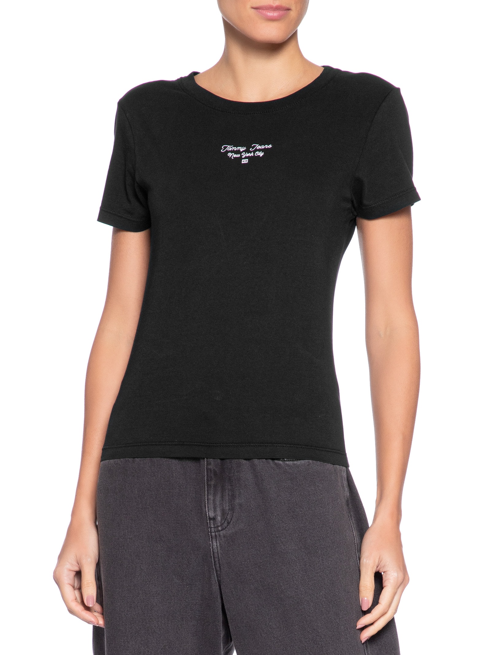 Camiseta Feminina Manga Curta Slim Ess Logo Preto Tommy Jeans