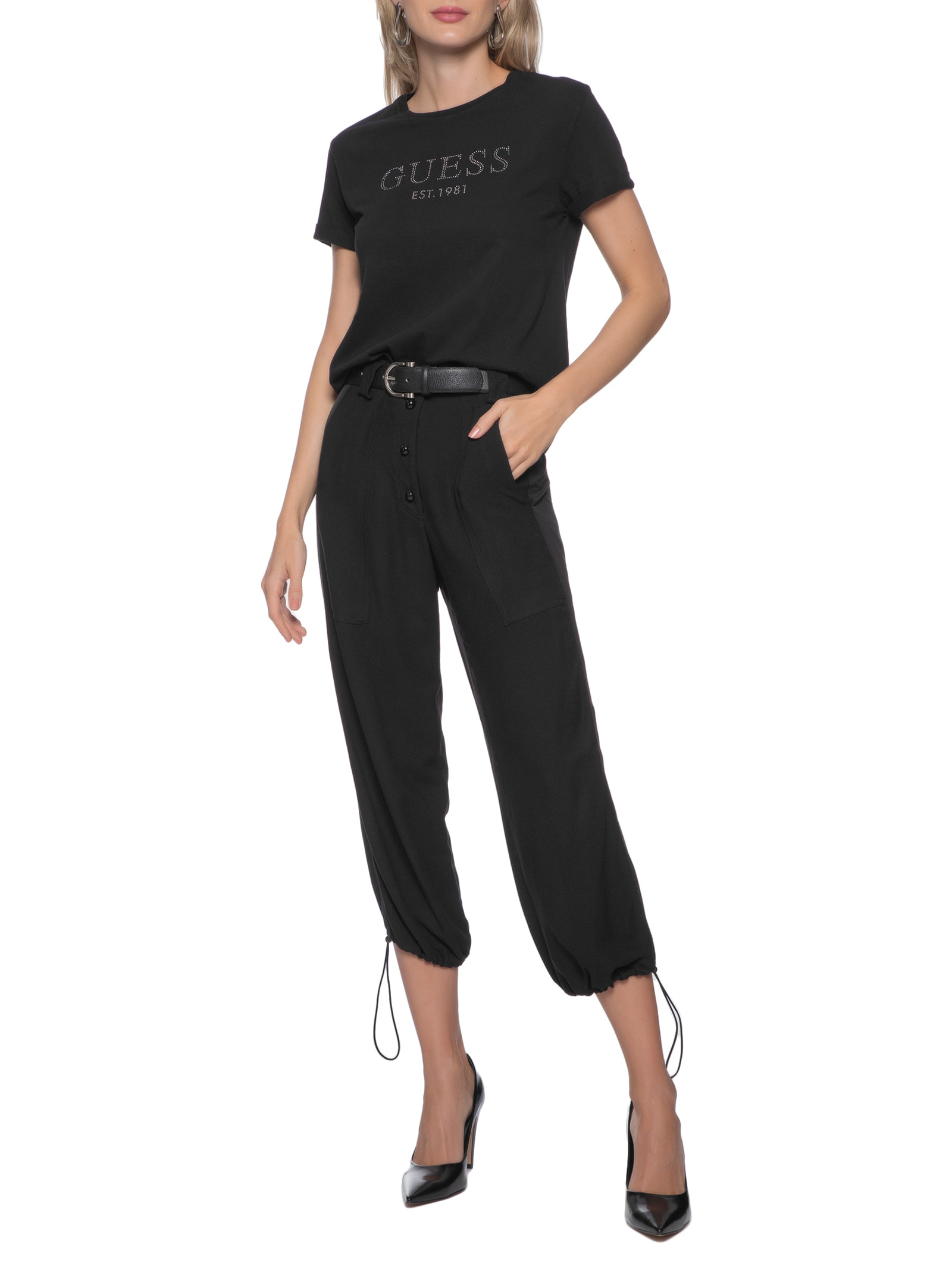 Camiseta Feminina Manga Dobrada Hotfix Preto Guess