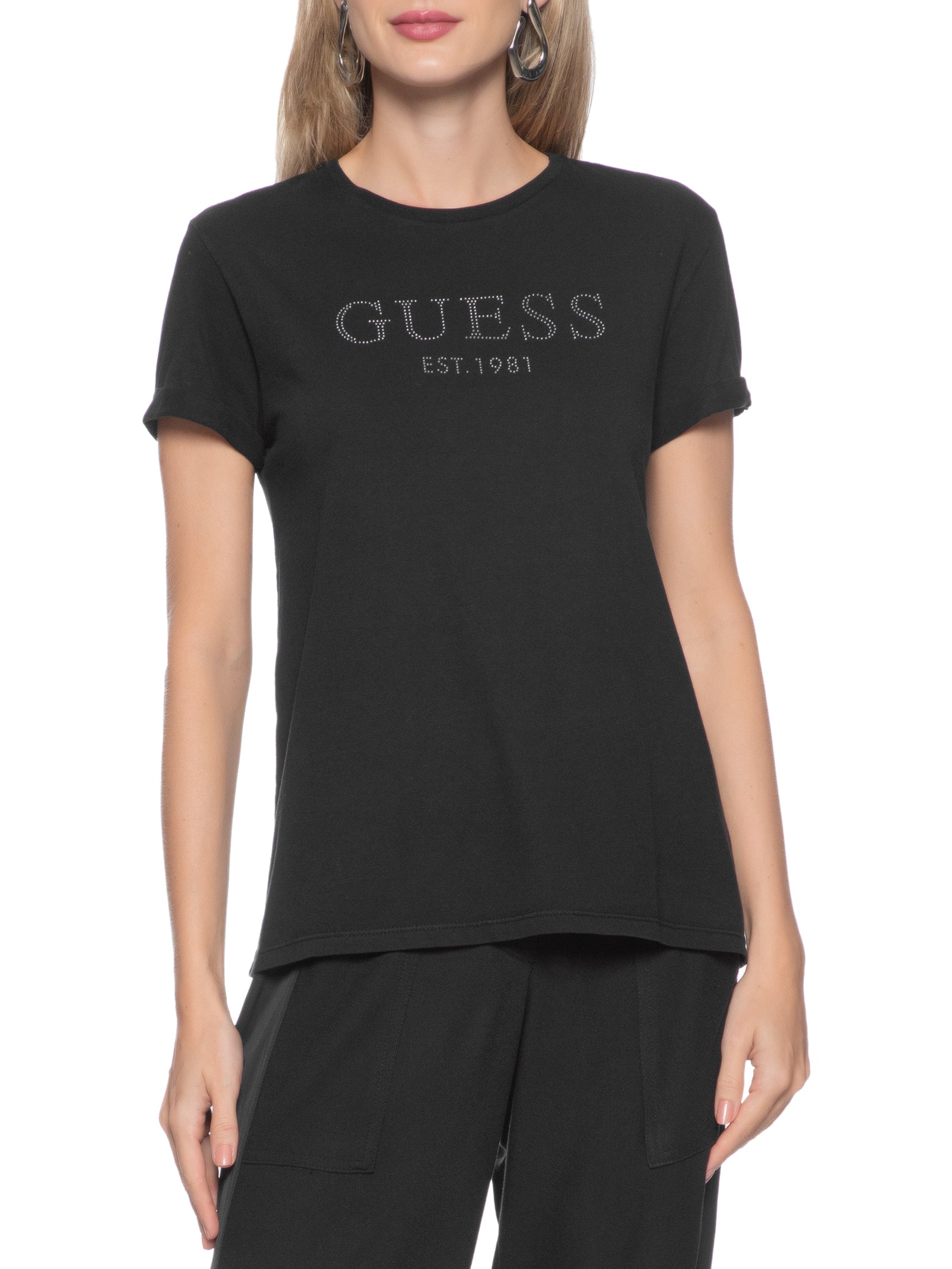 Camiseta Feminina Manga Dobrada Hotfix Preto Guess