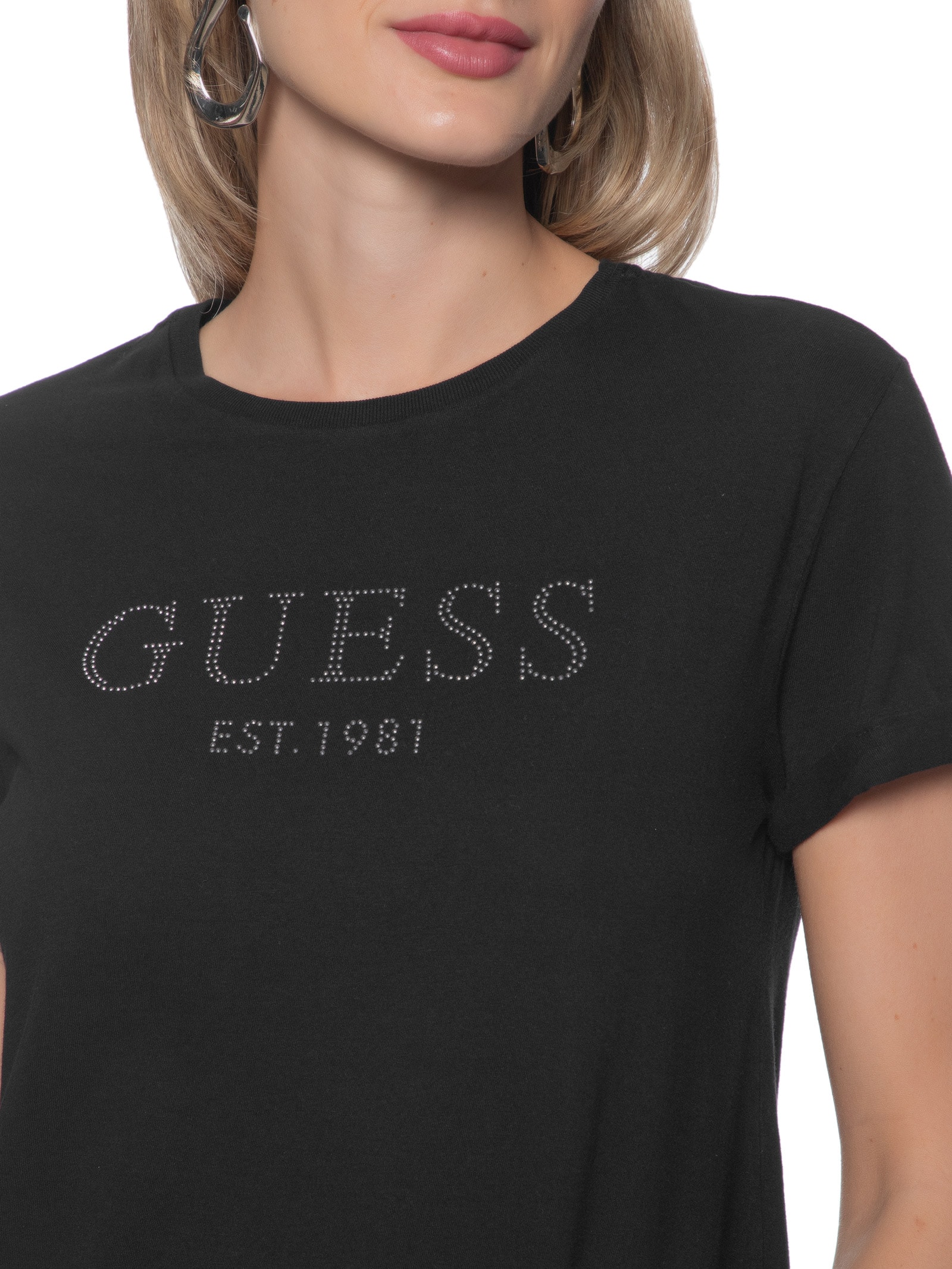 Camiseta Feminina Manga Dobrada Hotfix Preto Guess