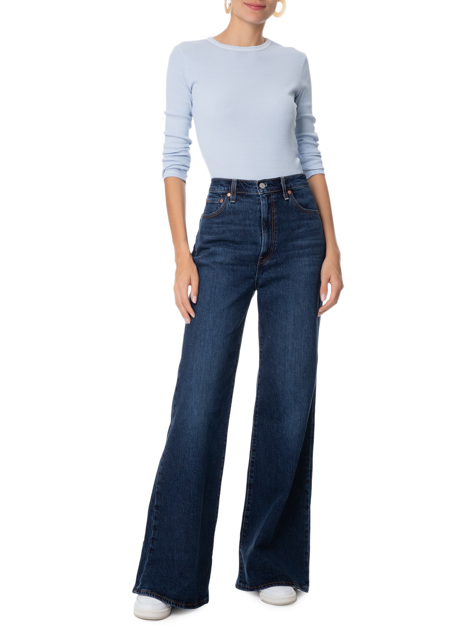 Camiseta Feminina Manga Longa Canelada Azul  Basiq