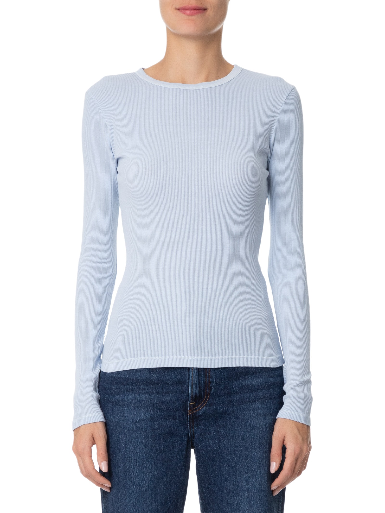 Camiseta Feminina Manga Longa Canelada Azul  Basiq