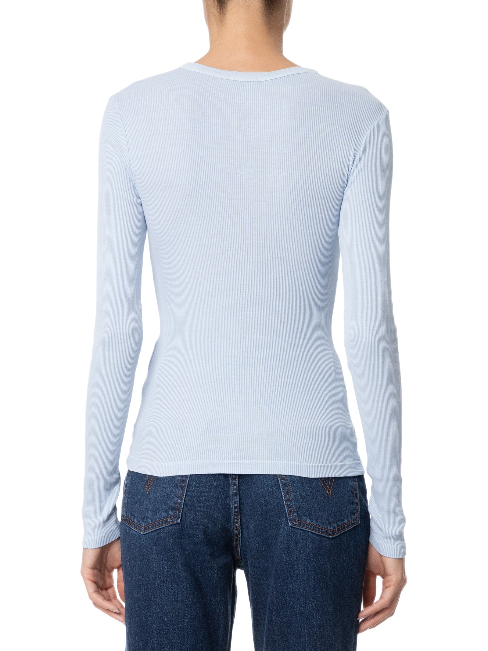 Camiseta Feminina Manga Longa Canelada Azul  Basiq