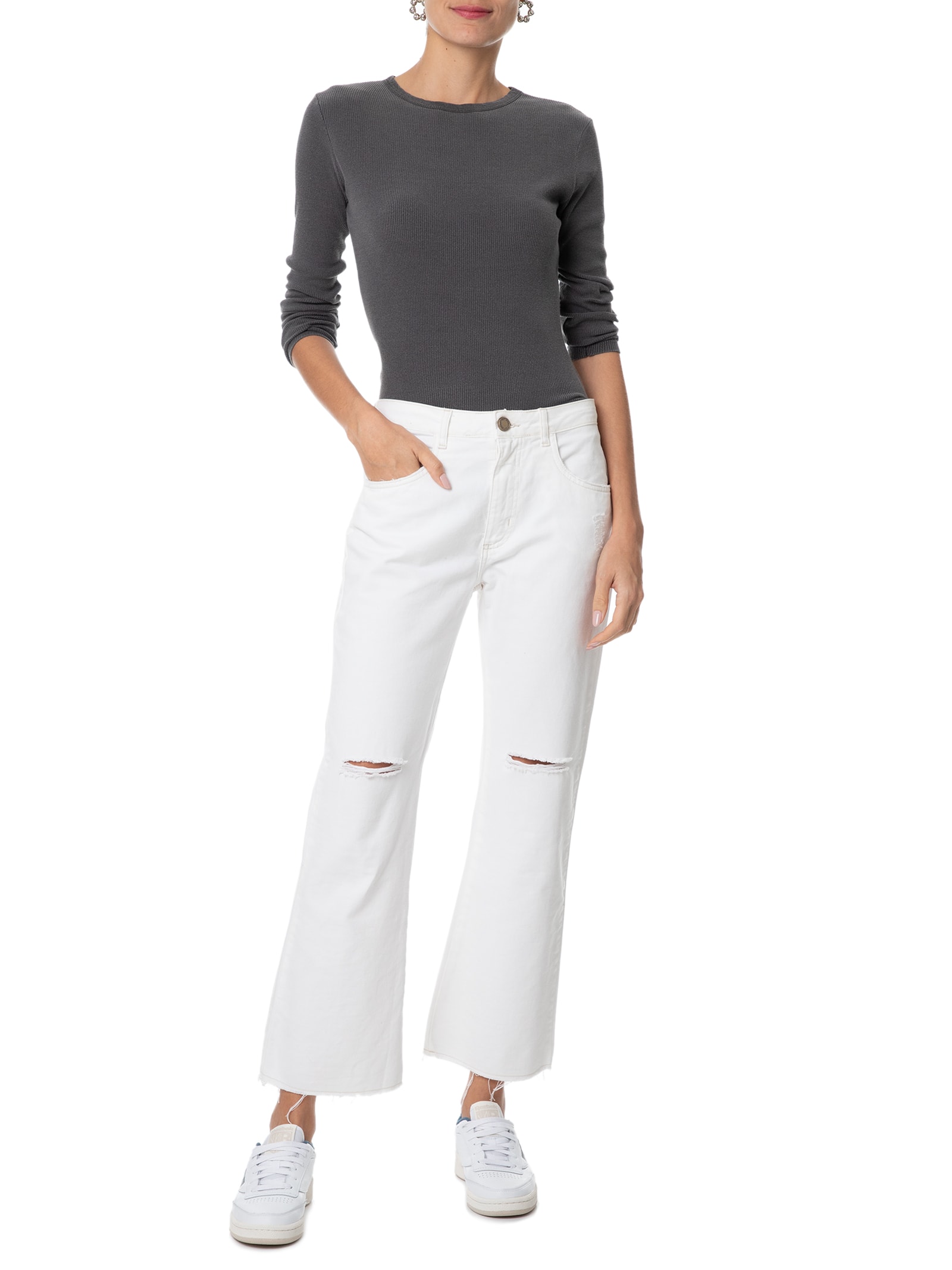 Camiseta Feminina Manga Longa Canelada Cinza Basiq