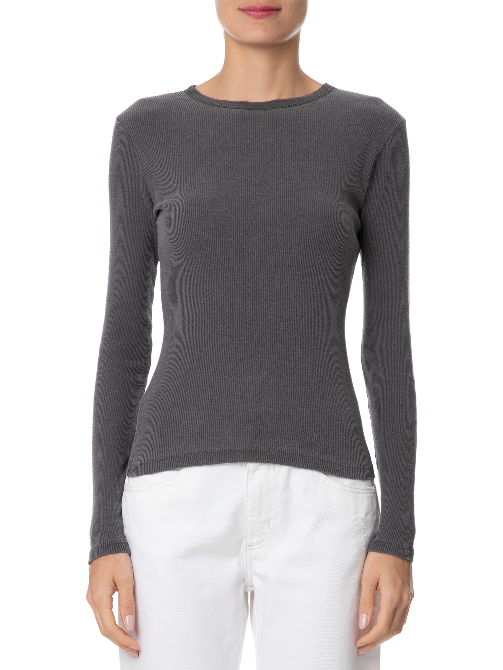 Camiseta Feminina Manga Longa Canelada Cinza Basiq