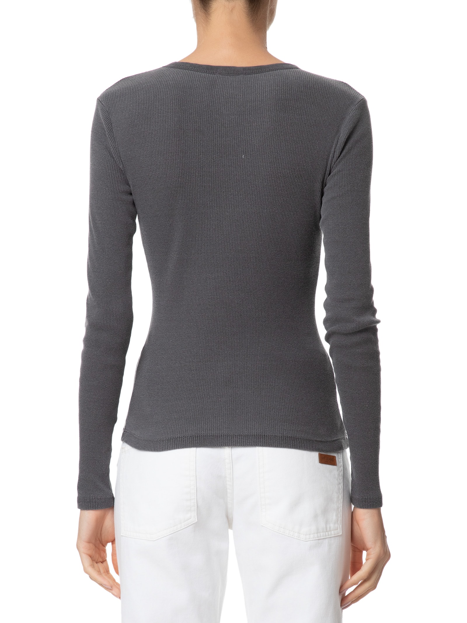 Camiseta Feminina Manga Longa Canelada Cinza Basiq