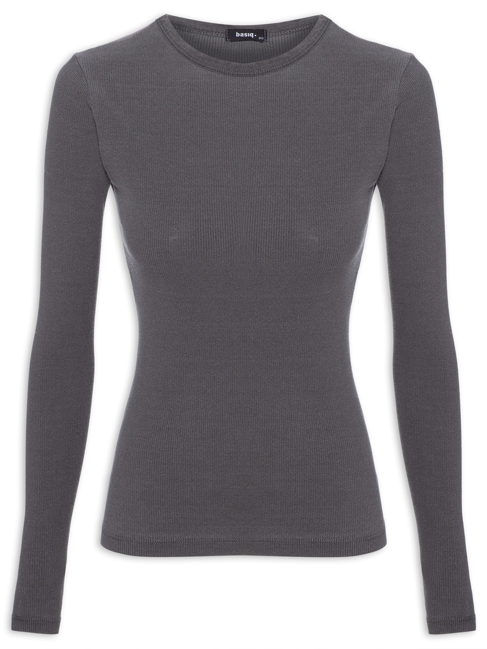 Camiseta Feminina Manga Longa Canelada Cinza Basiq