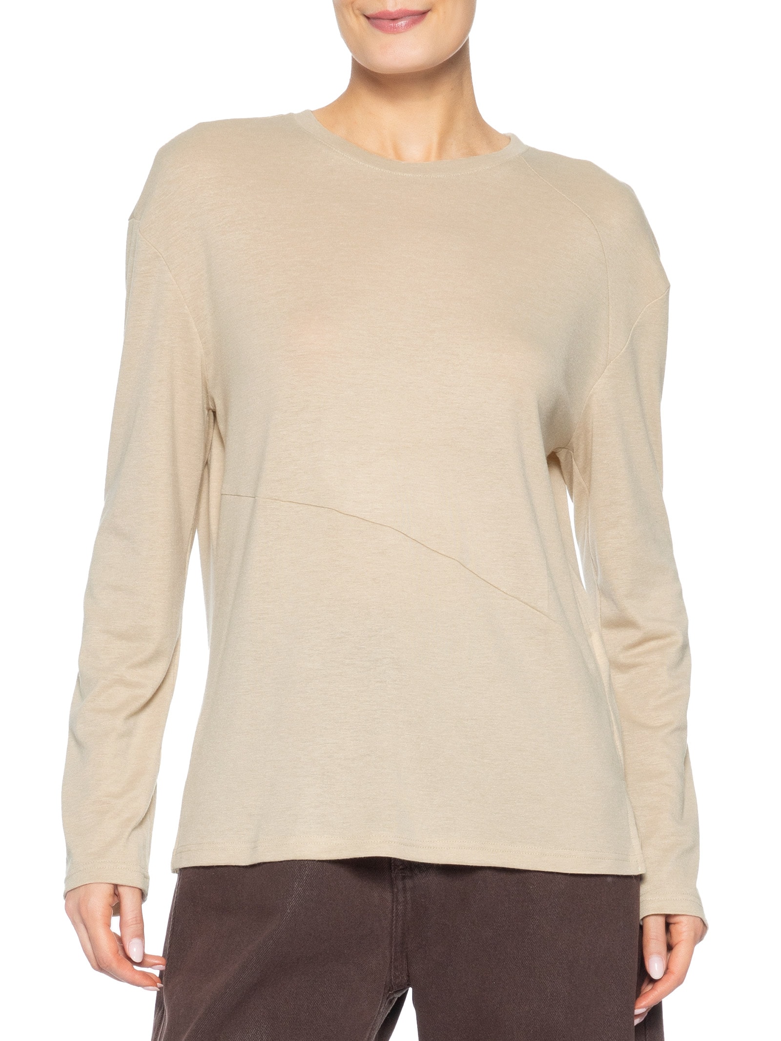 Camiseta Feminina Manga Longa Com Recortes Bege Basiq