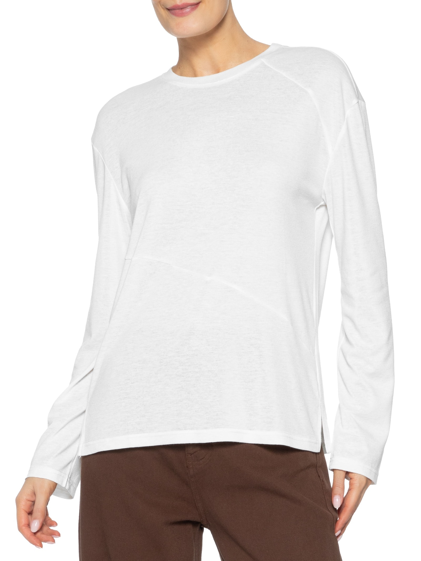 Camiseta Feminina Manga Longa Com Recortes Branco Basiq