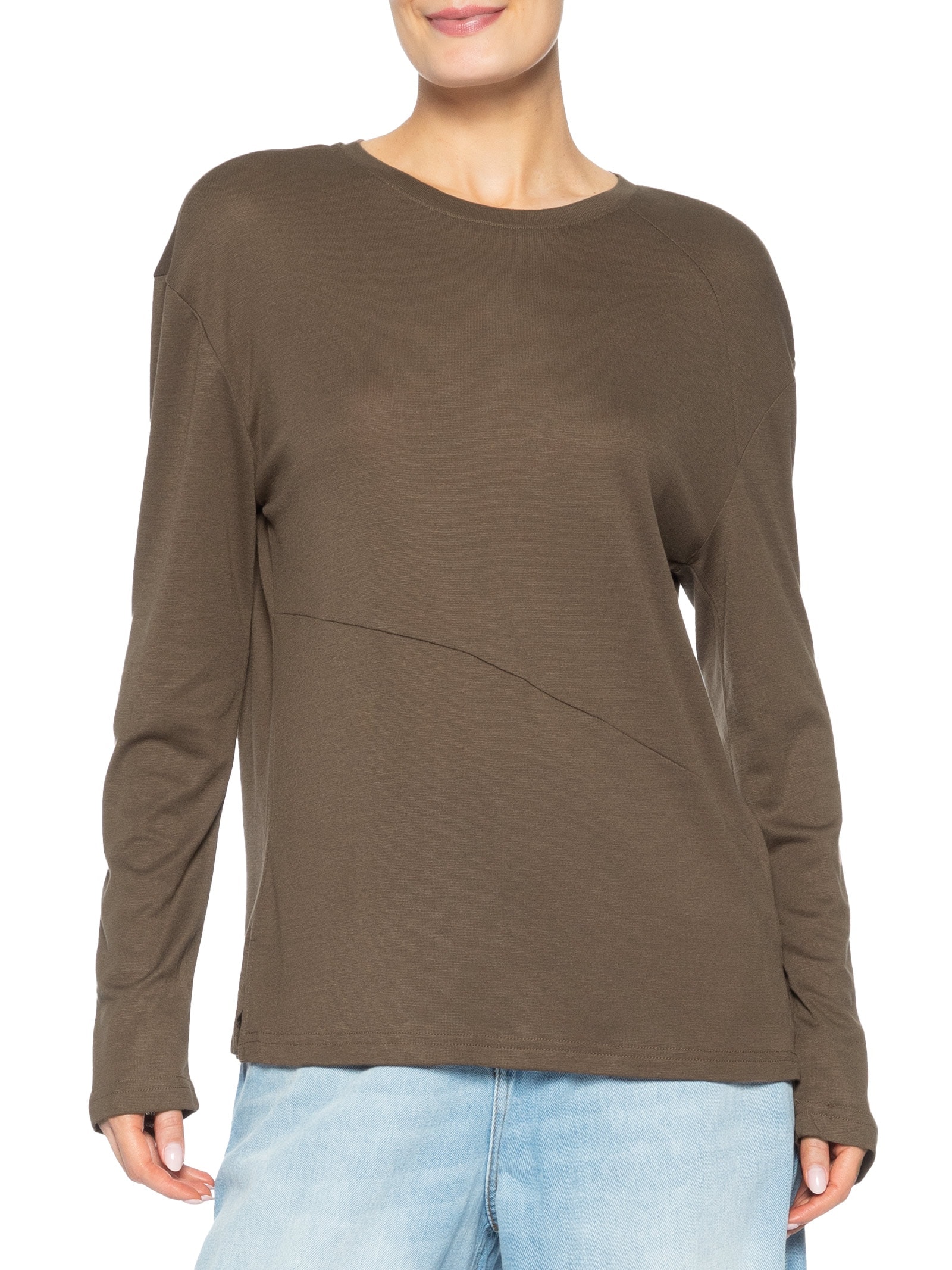 Camiseta Feminina Manga Longa Com Recortes Marrom Basiq