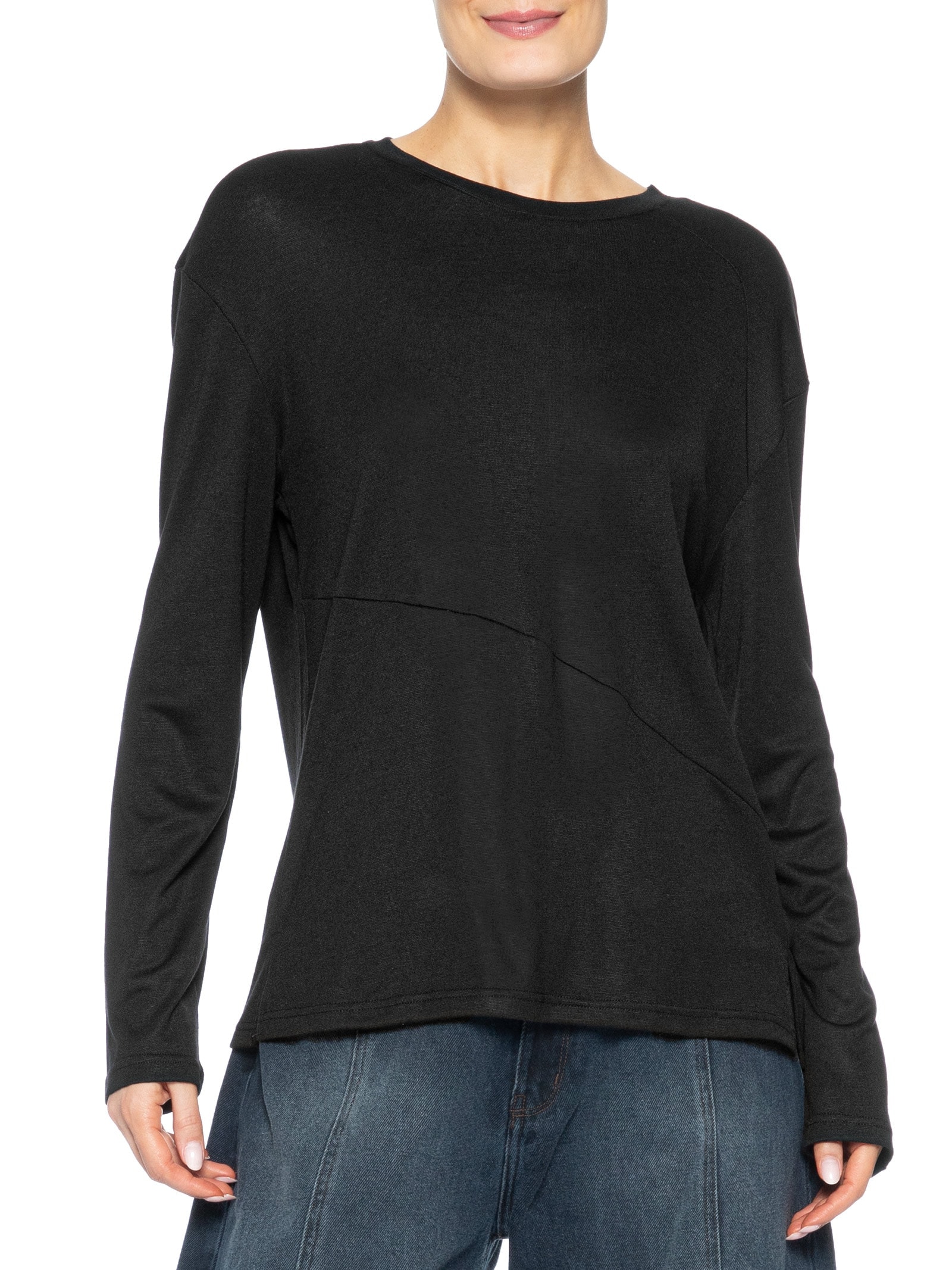 Camiseta Feminina Manga Longa Com Recortes Preto Basiq