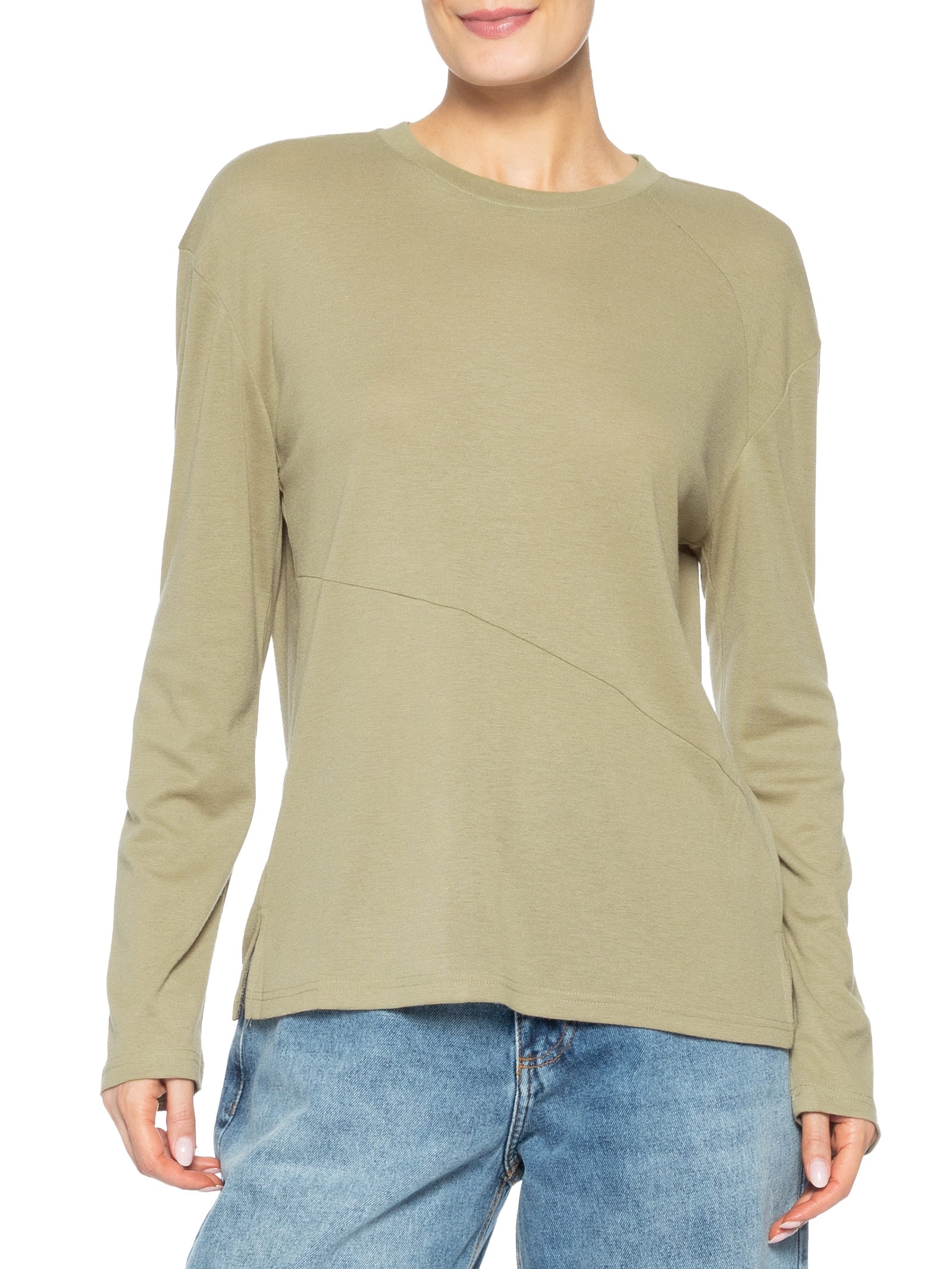 Camiseta Feminina Manga Longa Com Recortes Verde Basiq