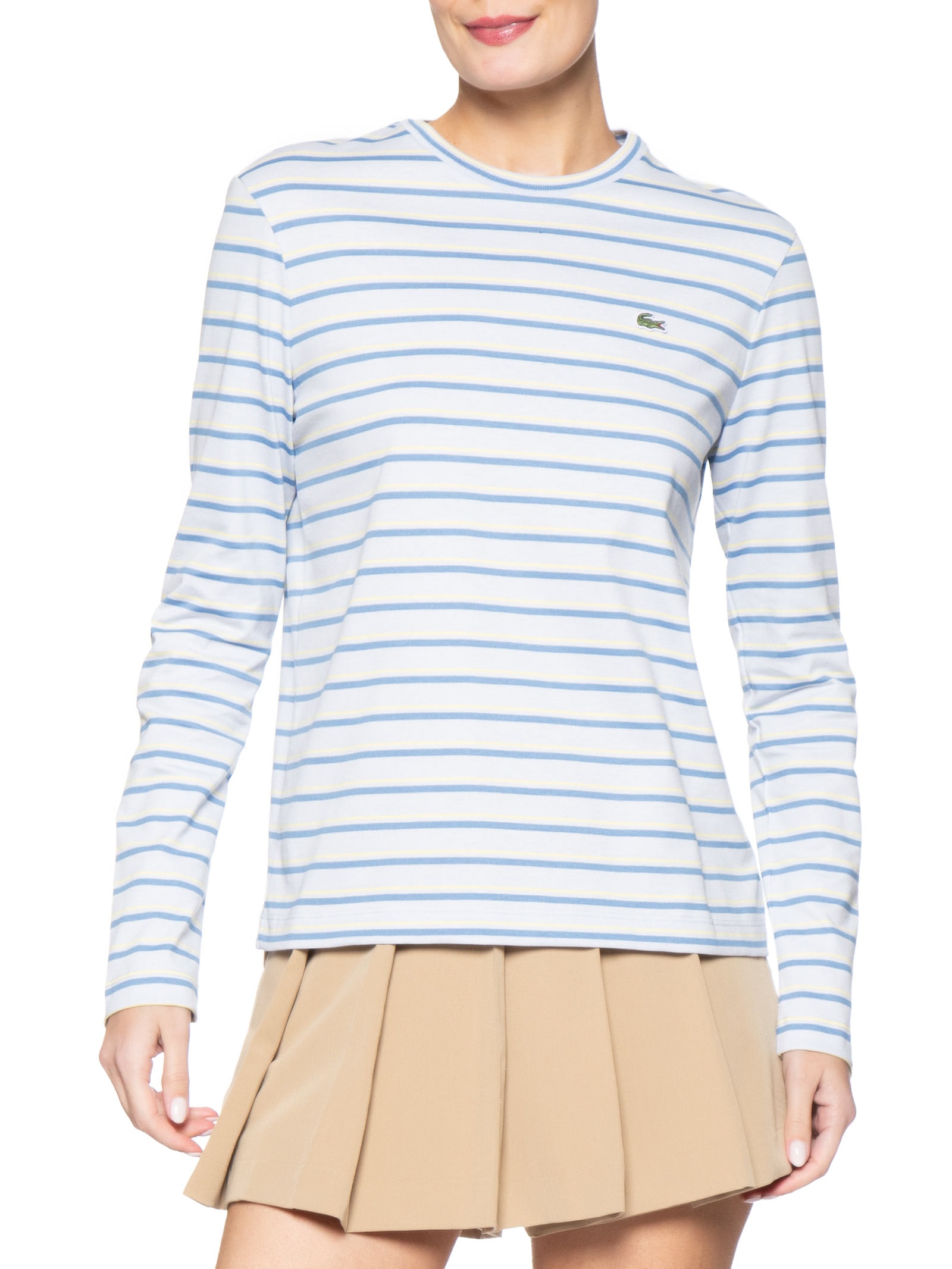 Camiseta Feminina Manga Longa Listrada Azul Lacoste