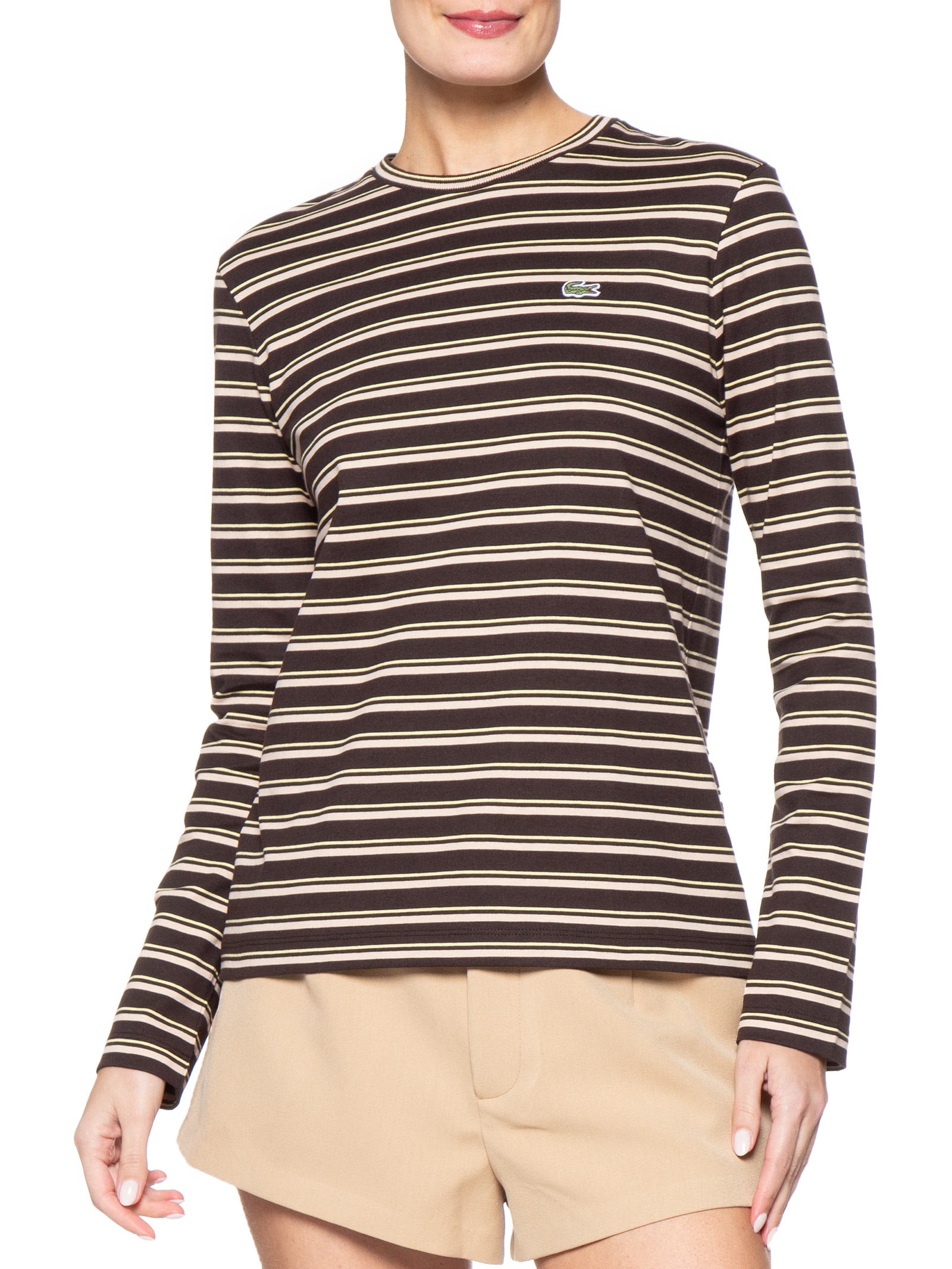 Camiseta Feminina Manga Longa Listrada Preto Lacoste