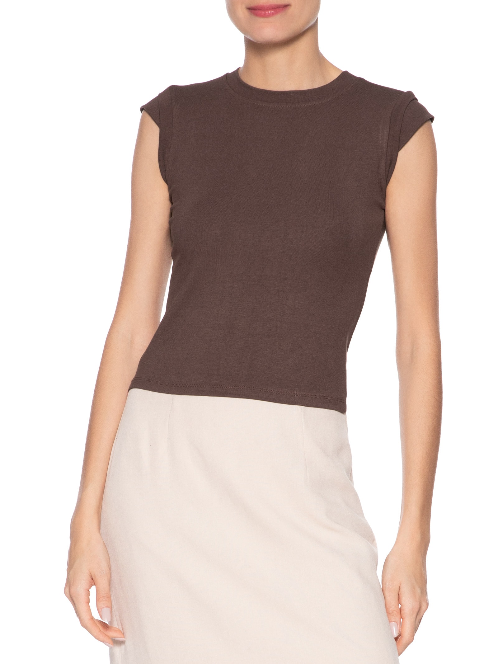 Camiseta Feminina Manga Sobreposta Marrom Basiq