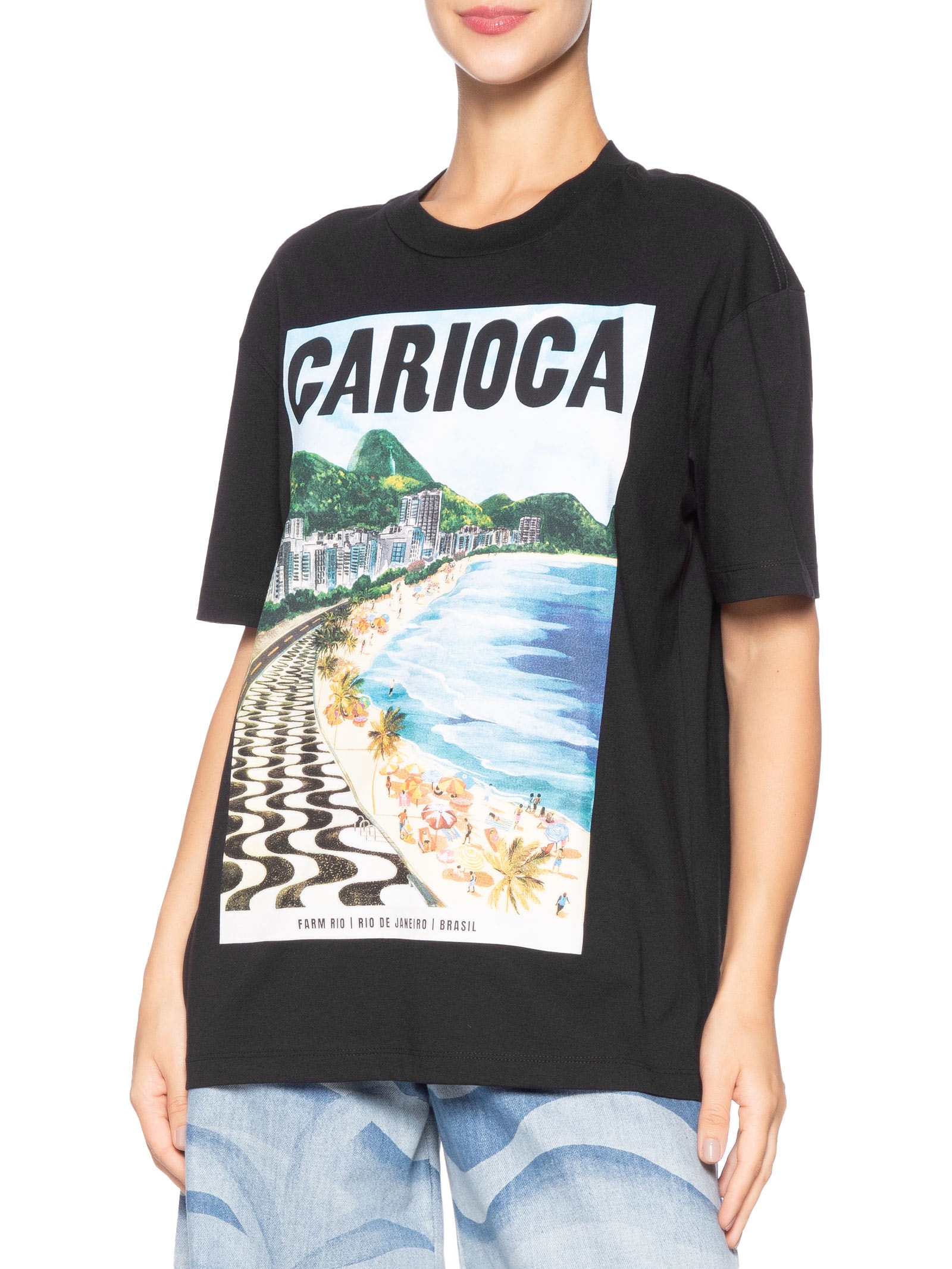 Camiseta Feminina Média Paisagem Carioca Preto Farm