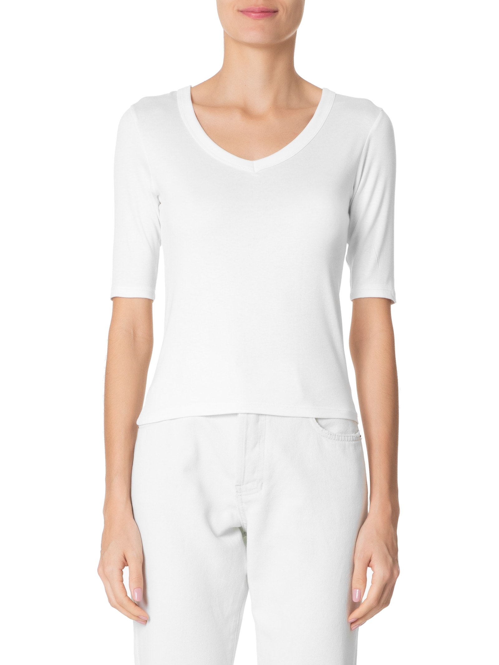 Camiseta Feminina Meia Manga Decote V Branco Basiq