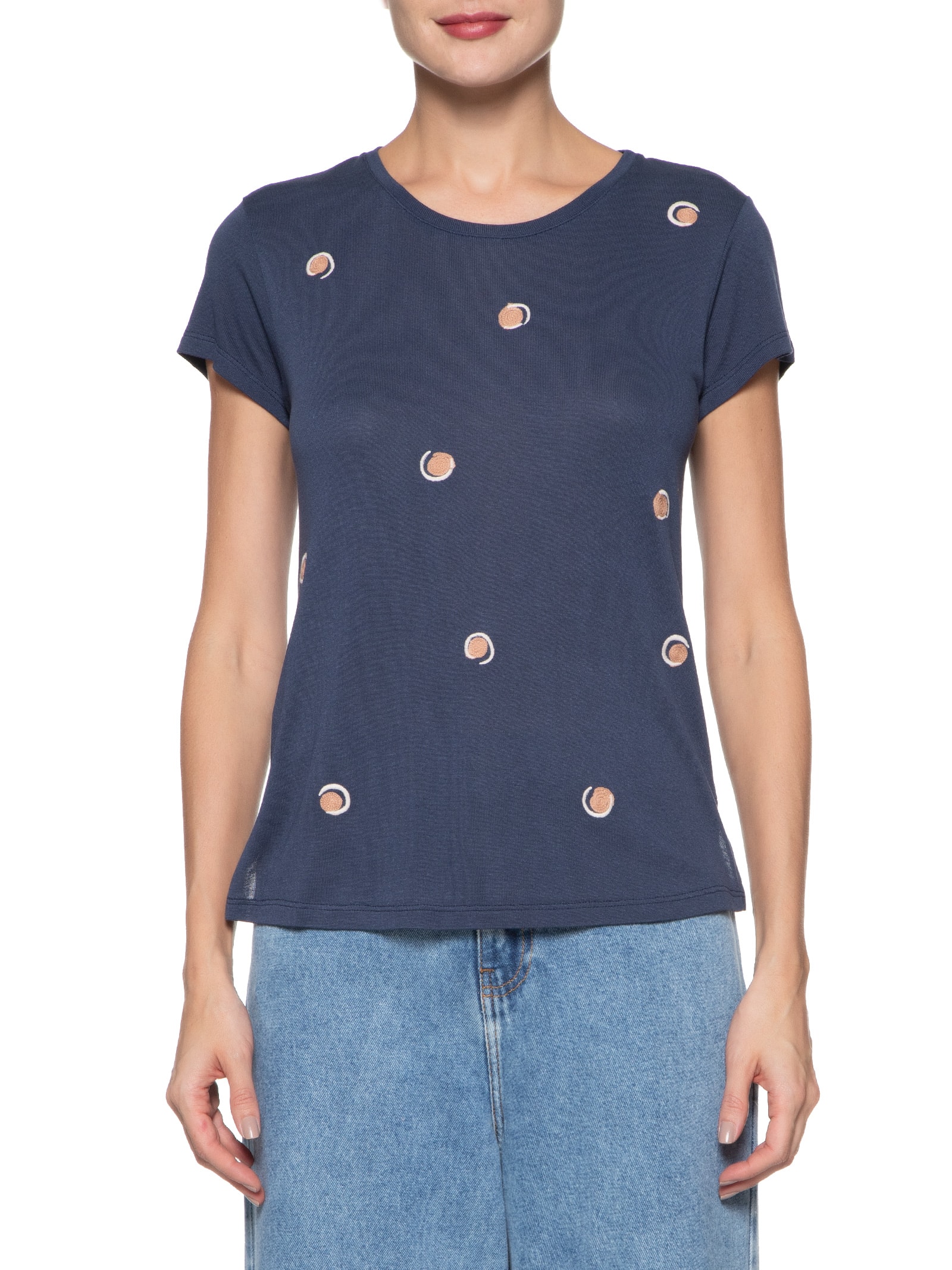 Camiseta Feminina Mini Bordado Poá Azul Shoulder