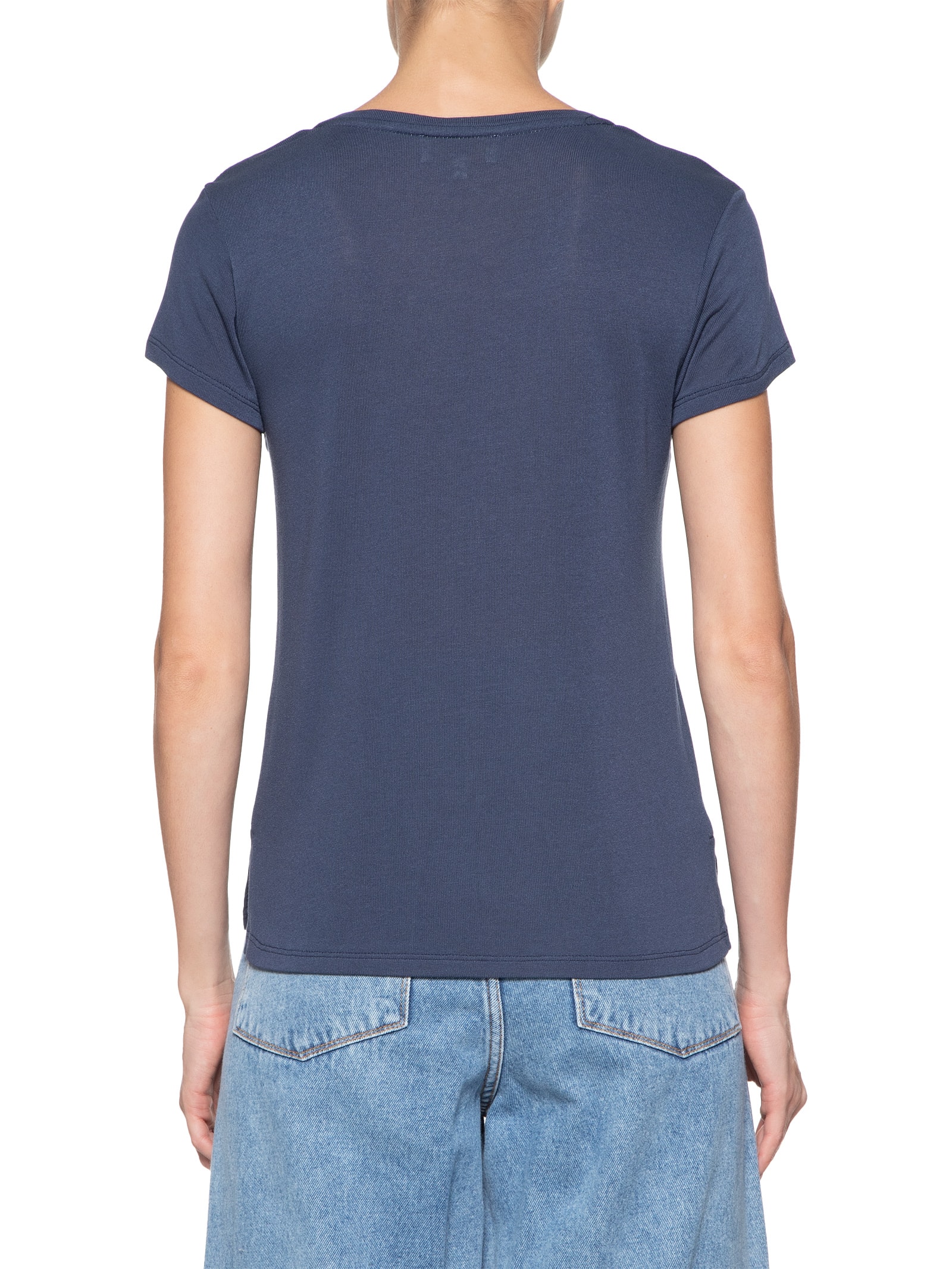 Camiseta Feminina Mini Bordado Poá Azul Shoulder