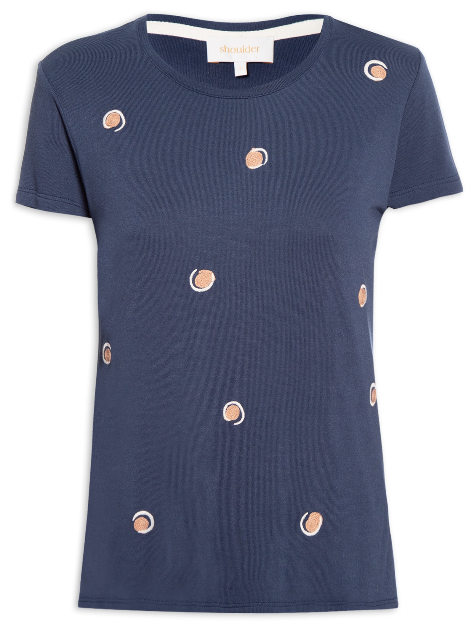 Camiseta Feminina Mini Bordado Poá Azul Shoulder