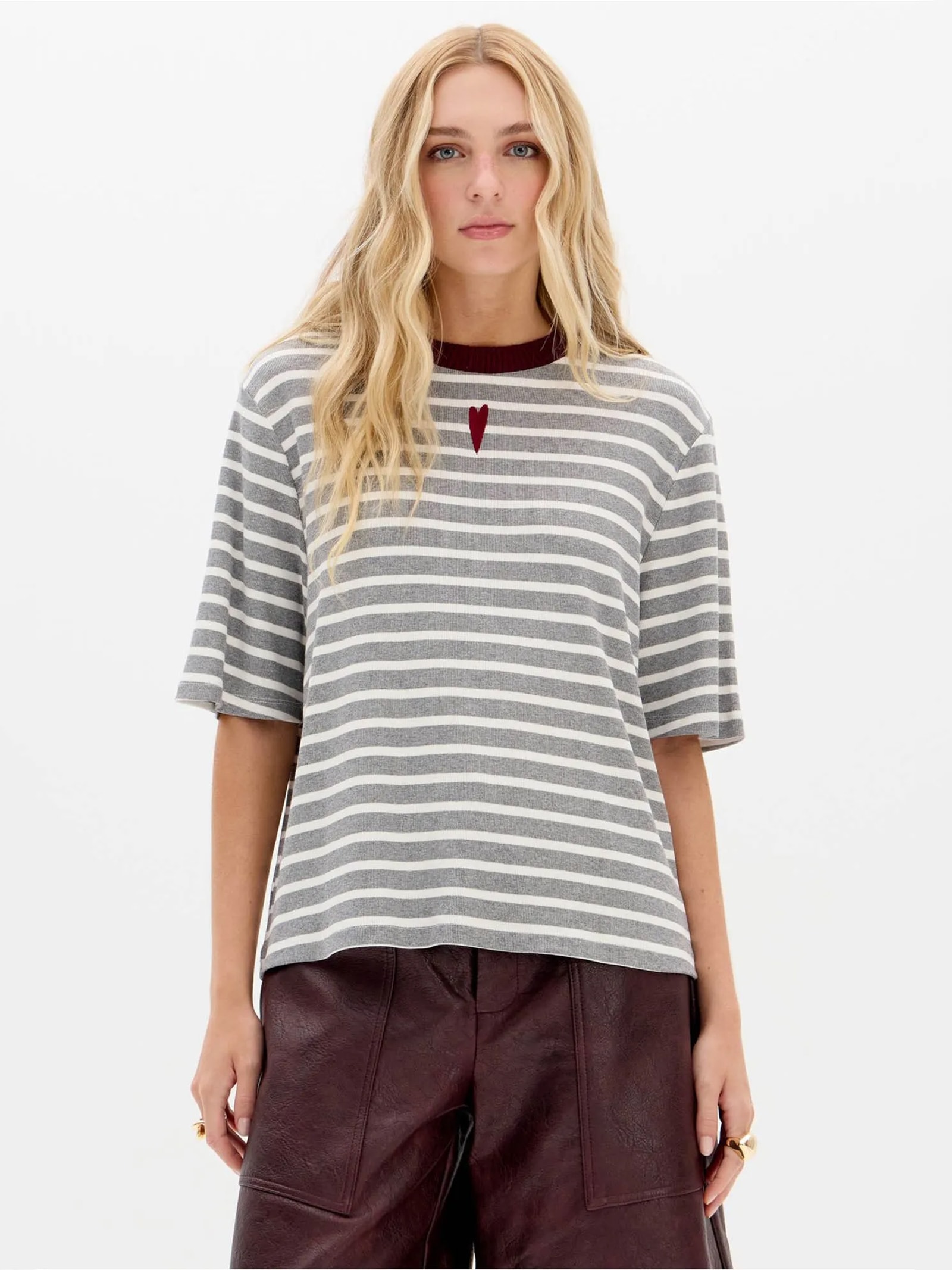 Camiseta Feminina Oversized Listrada Cinza My Favorite