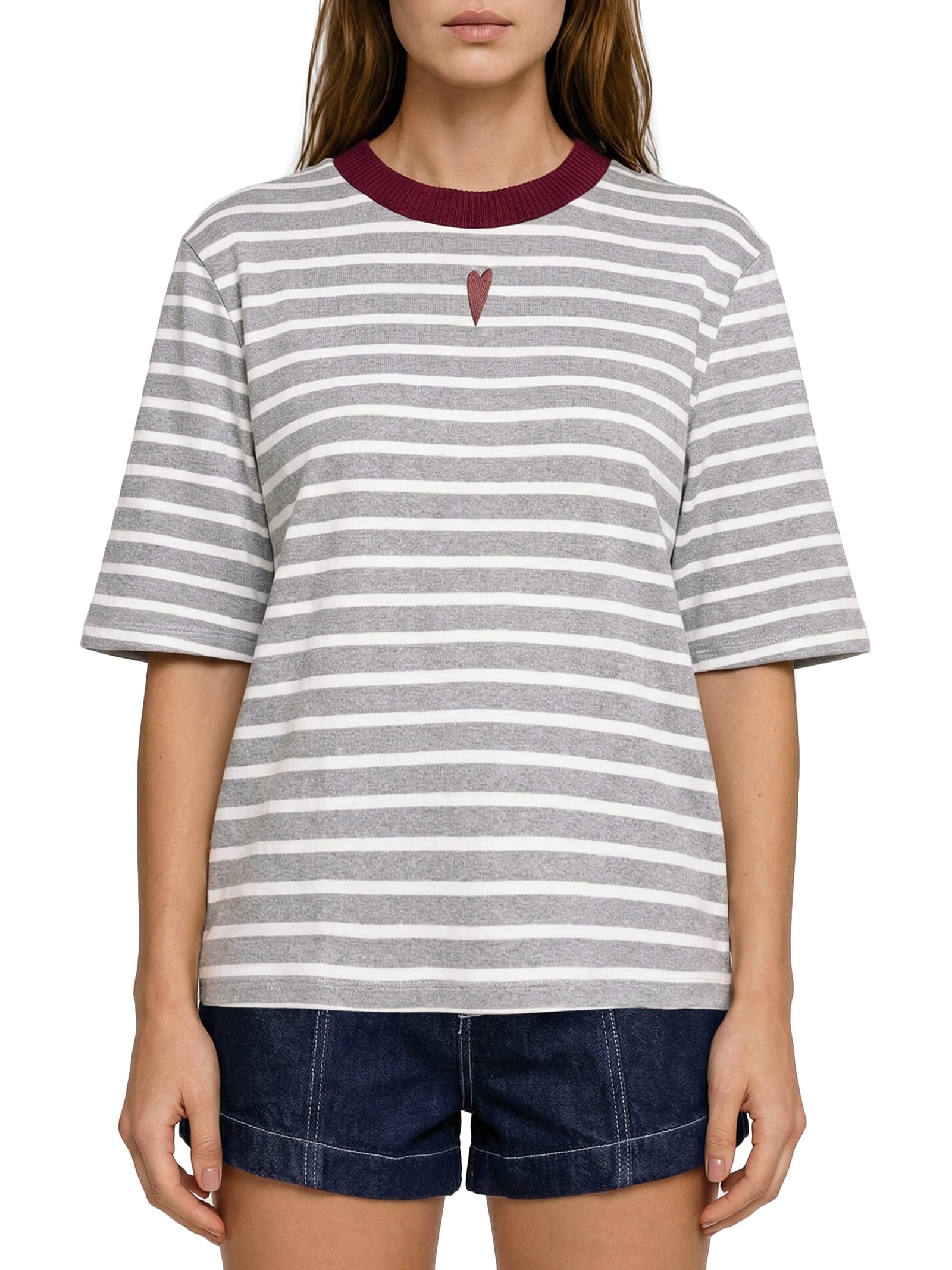 Camiseta Feminina Oversized Listrada Cinza My Favorite