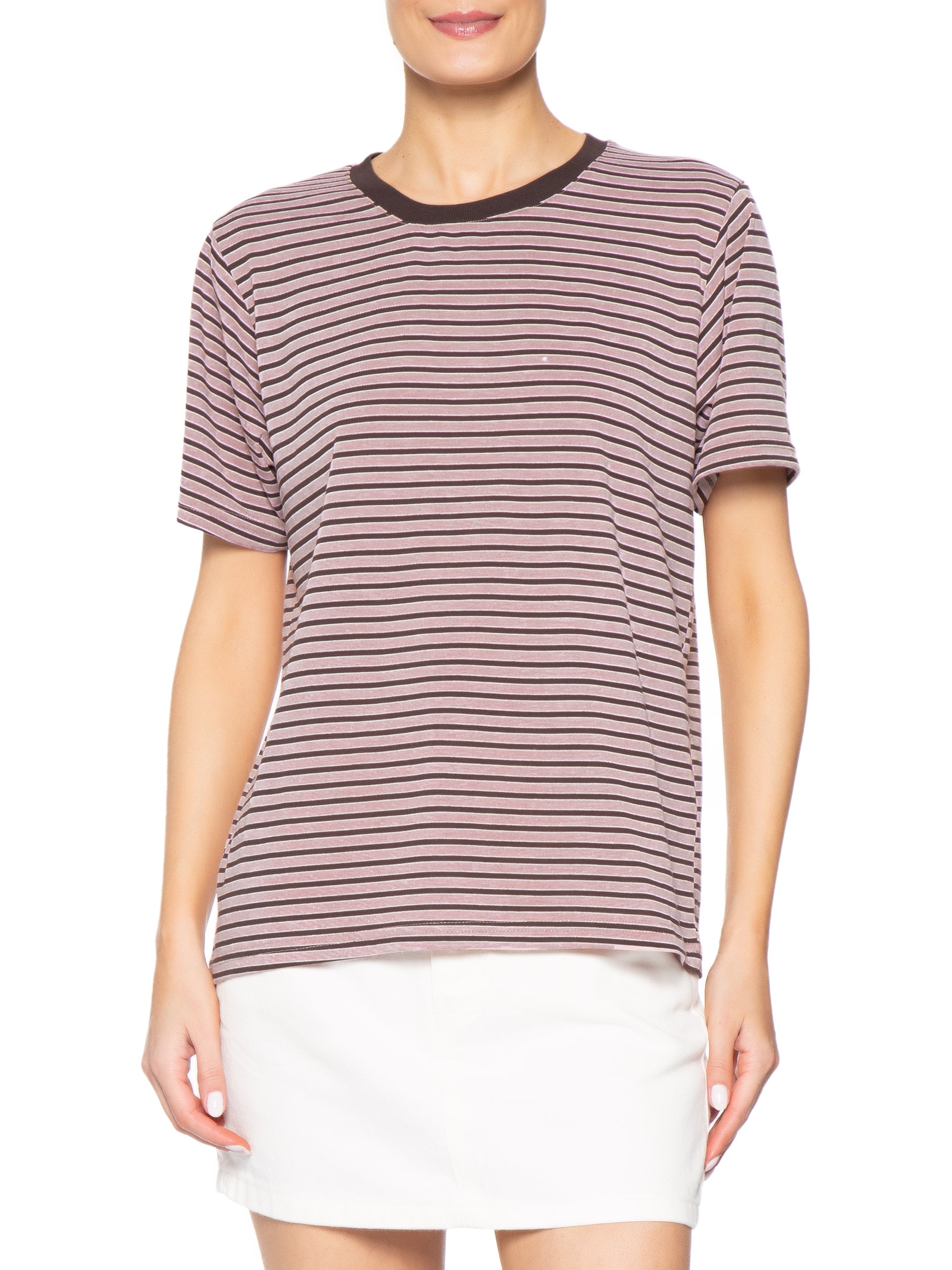 Camiseta Feminina Oversized Listrada Rosa Basiq