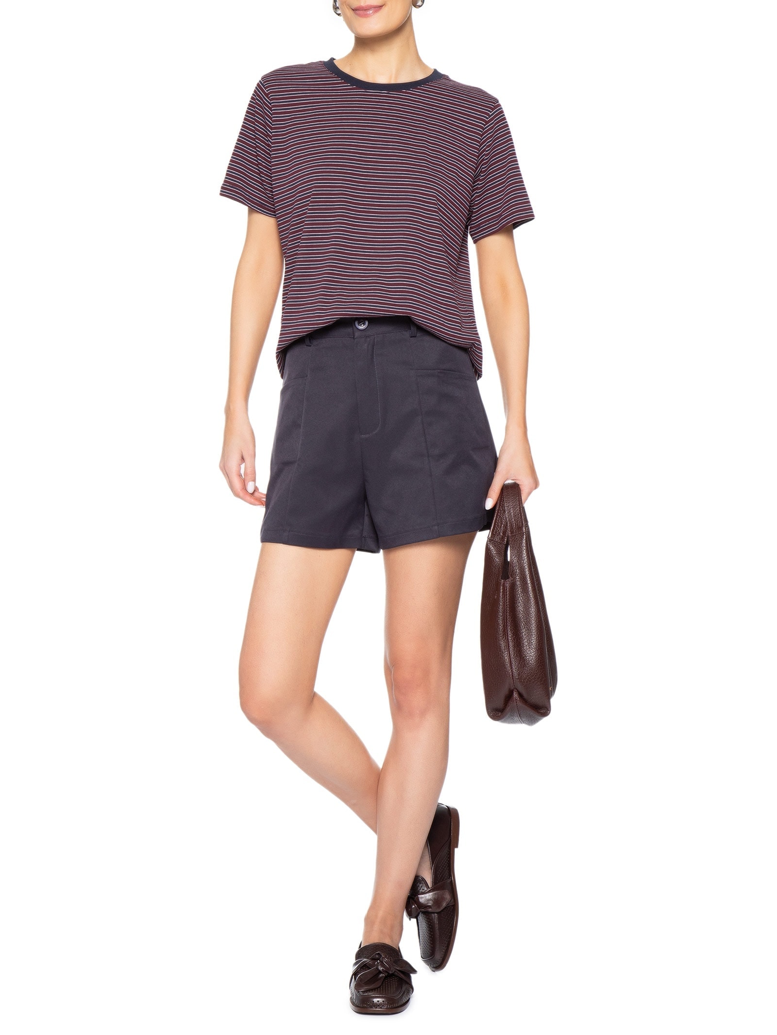 Camiseta Feminina Oversized Listrada Vermelho Basiq