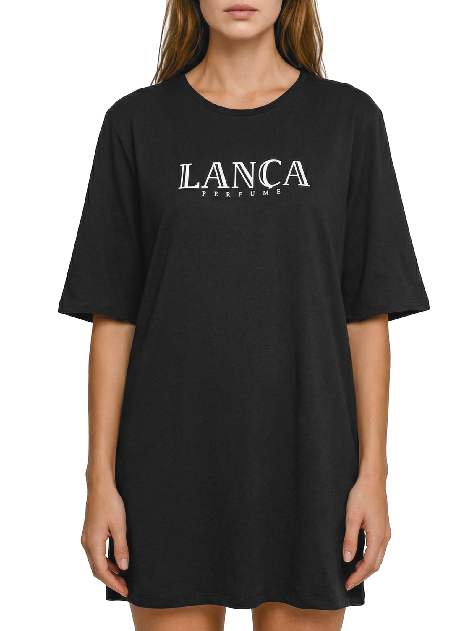 Camiseta Feminina Oversized Manga Média Preto Lança Perfume