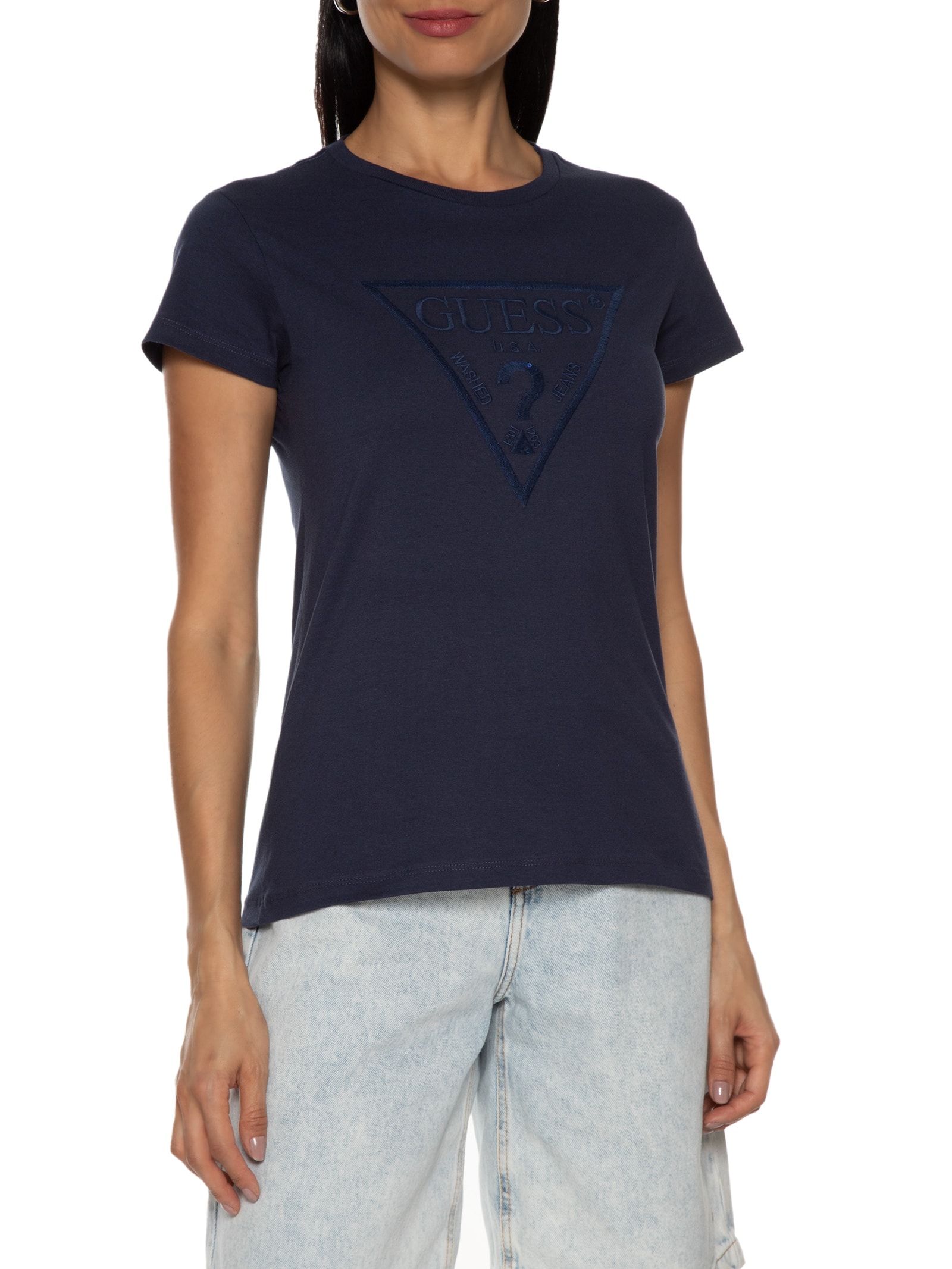 Camiseta Feminina Paetê e Bordado Azul Guess