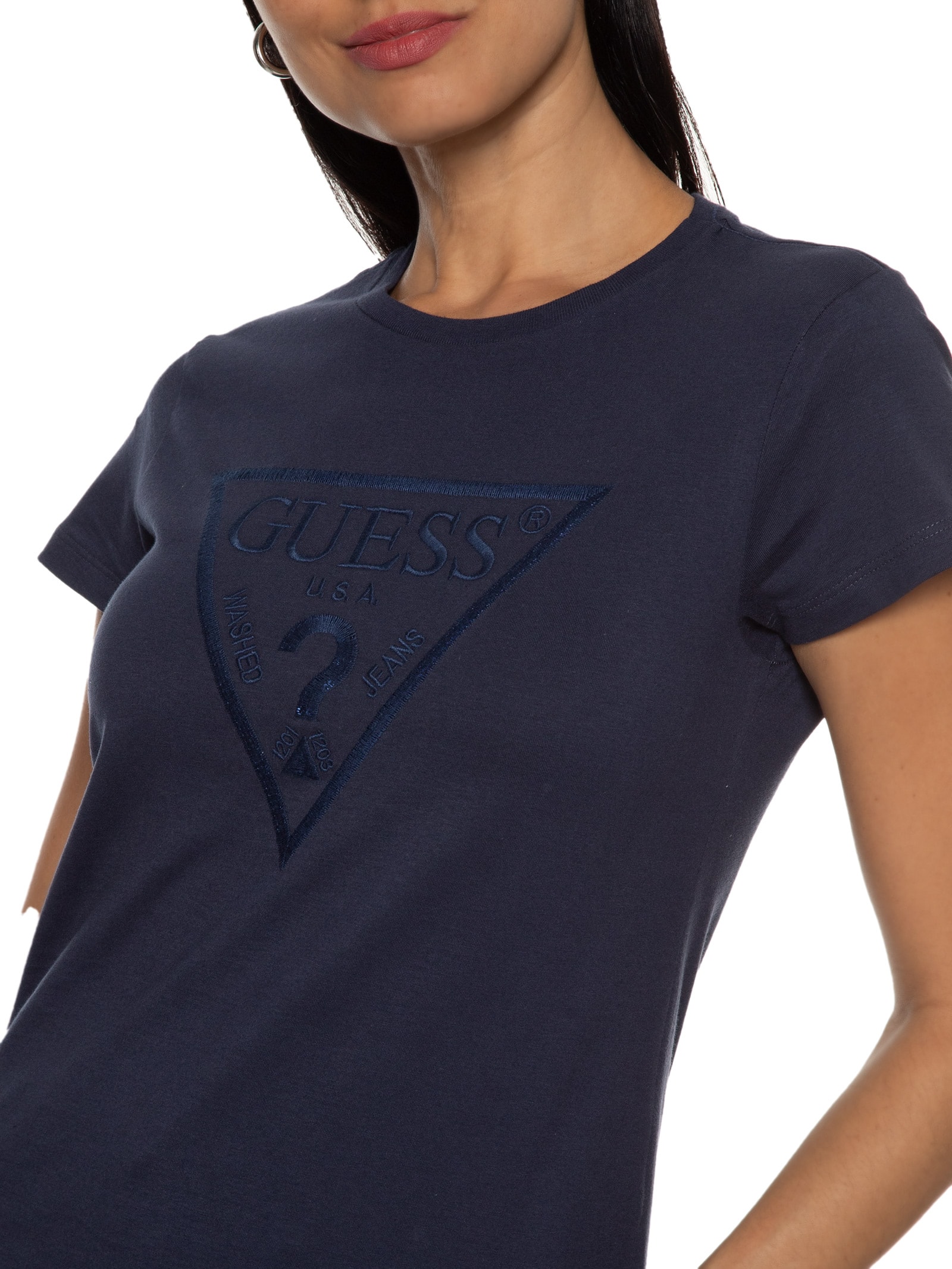 Camiseta Feminina Paetê e Bordado Azul Guess