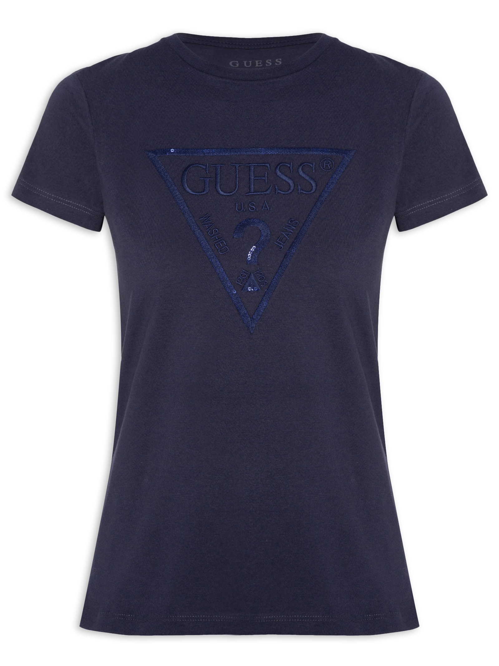 Camiseta Feminina Paetê e Bordado Azul Guess