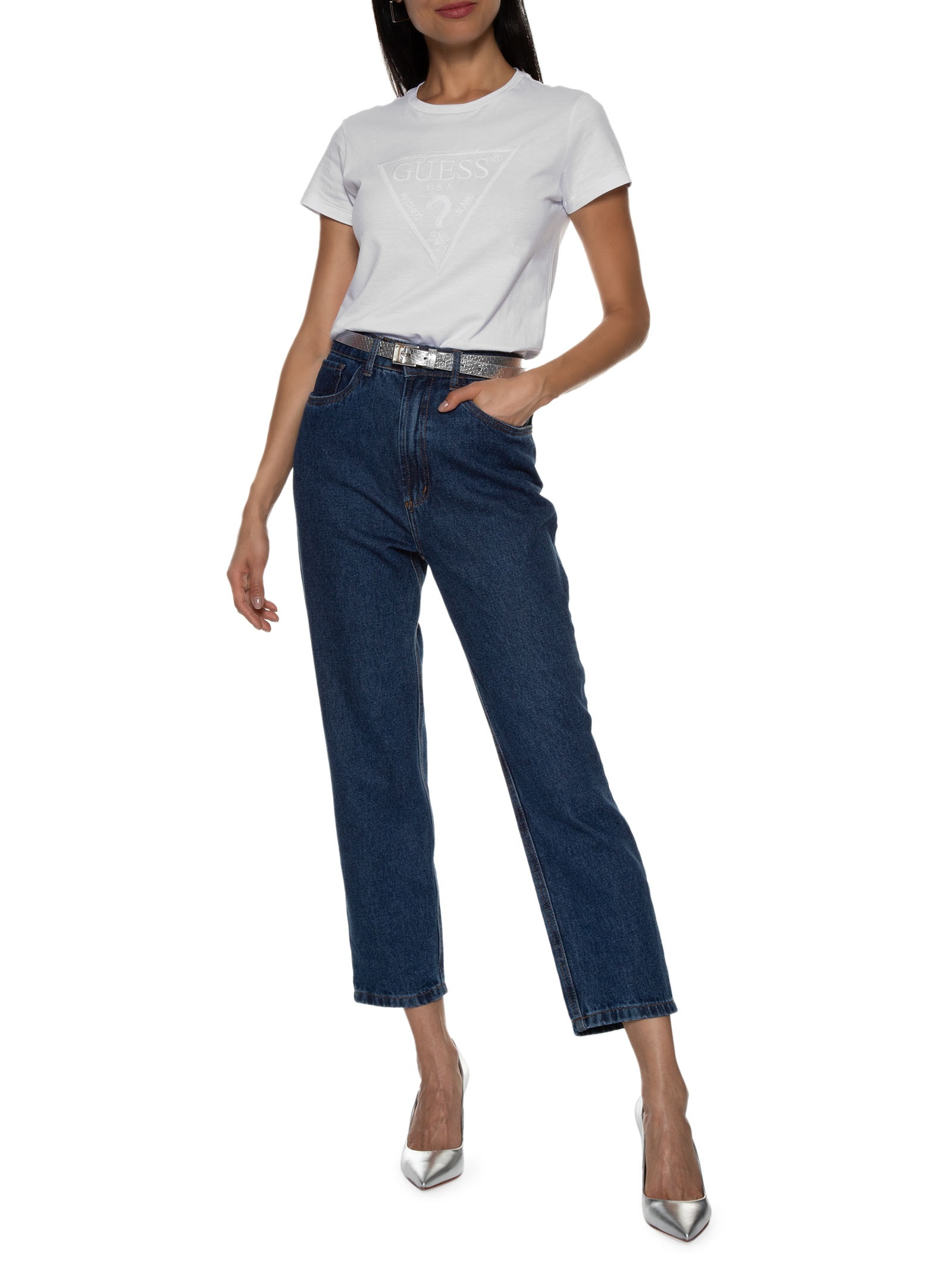 Camiseta Feminina Paetê e Bordado Branco Guess